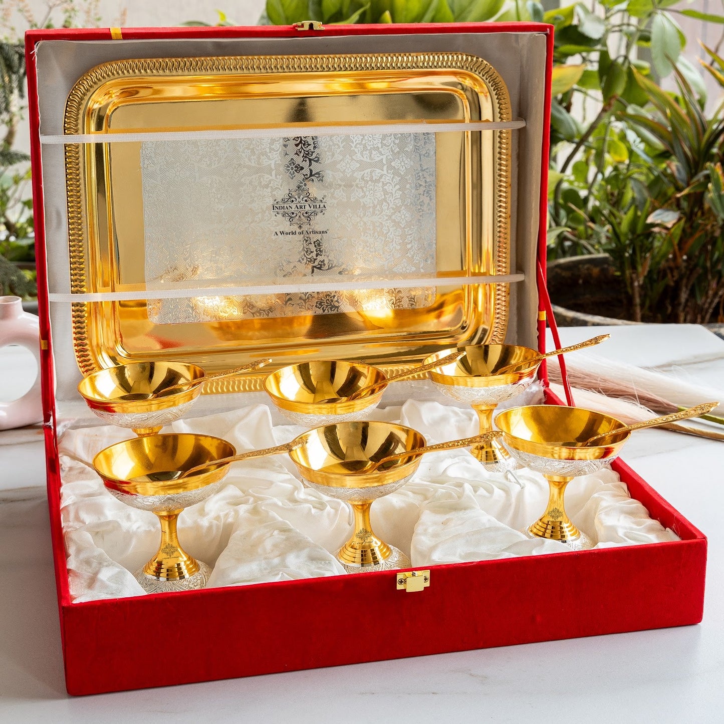 Silver Plated Gold Polished, Set of 6 Ice Cream Bowl & 6 Spoon & Tray