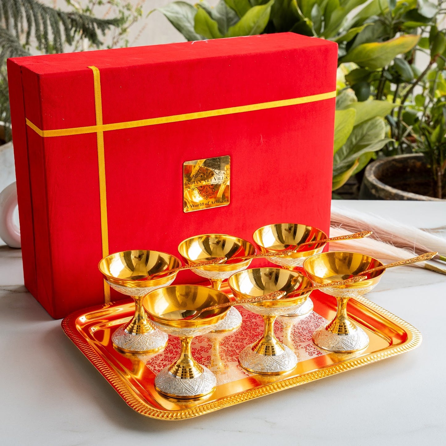 Silver Plated Gold Polished, Set of 6 Ice Cream Bowl & 6 Spoon & Tray