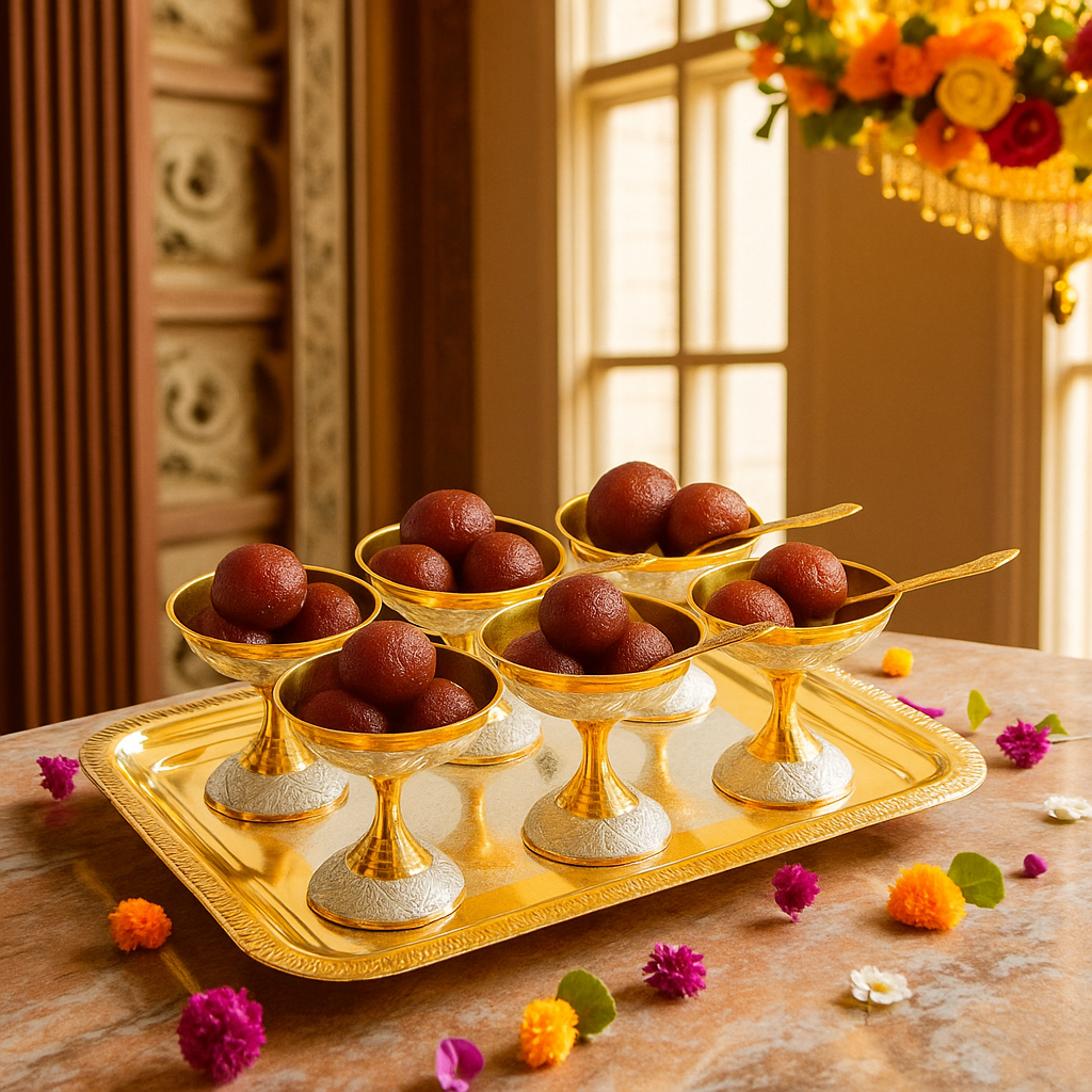 Silver Plated Gold Polished, Set of 6 Ice Cream Bowl & 6 Spoon & Tray