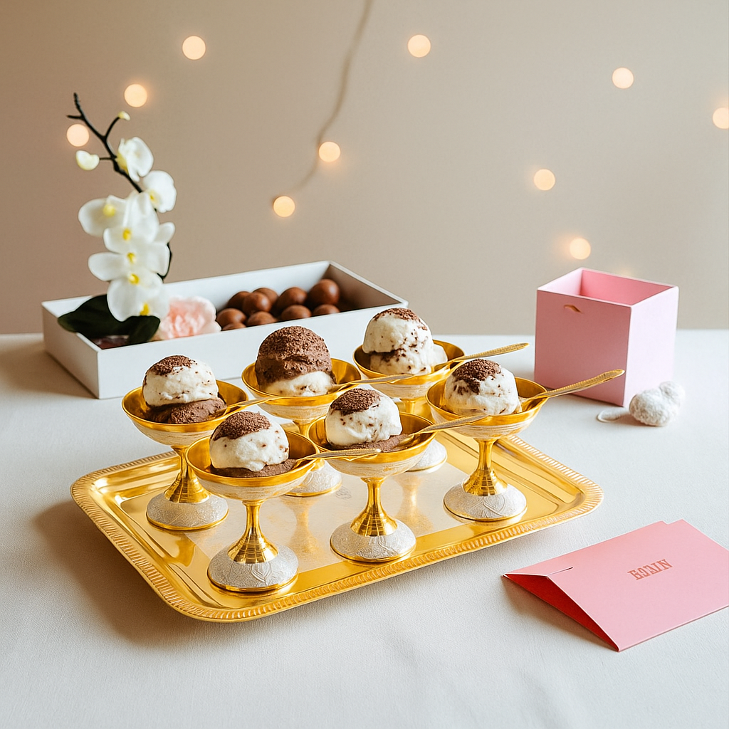 Silver Plated Gold Polished, Set of 6 Ice Cream Bowl & 6 Spoon & Tray