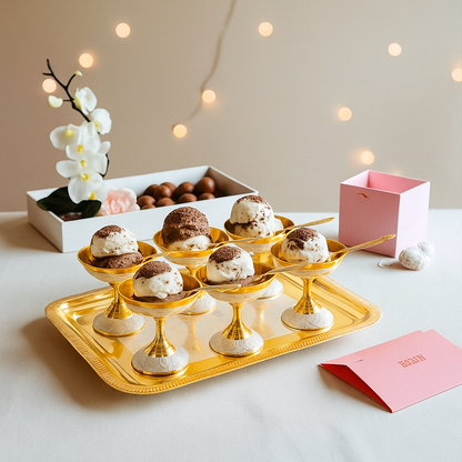 Silver Plated Gold Polished, Set of 6 Ice Cream Bowl & 6 Spoon & Tray