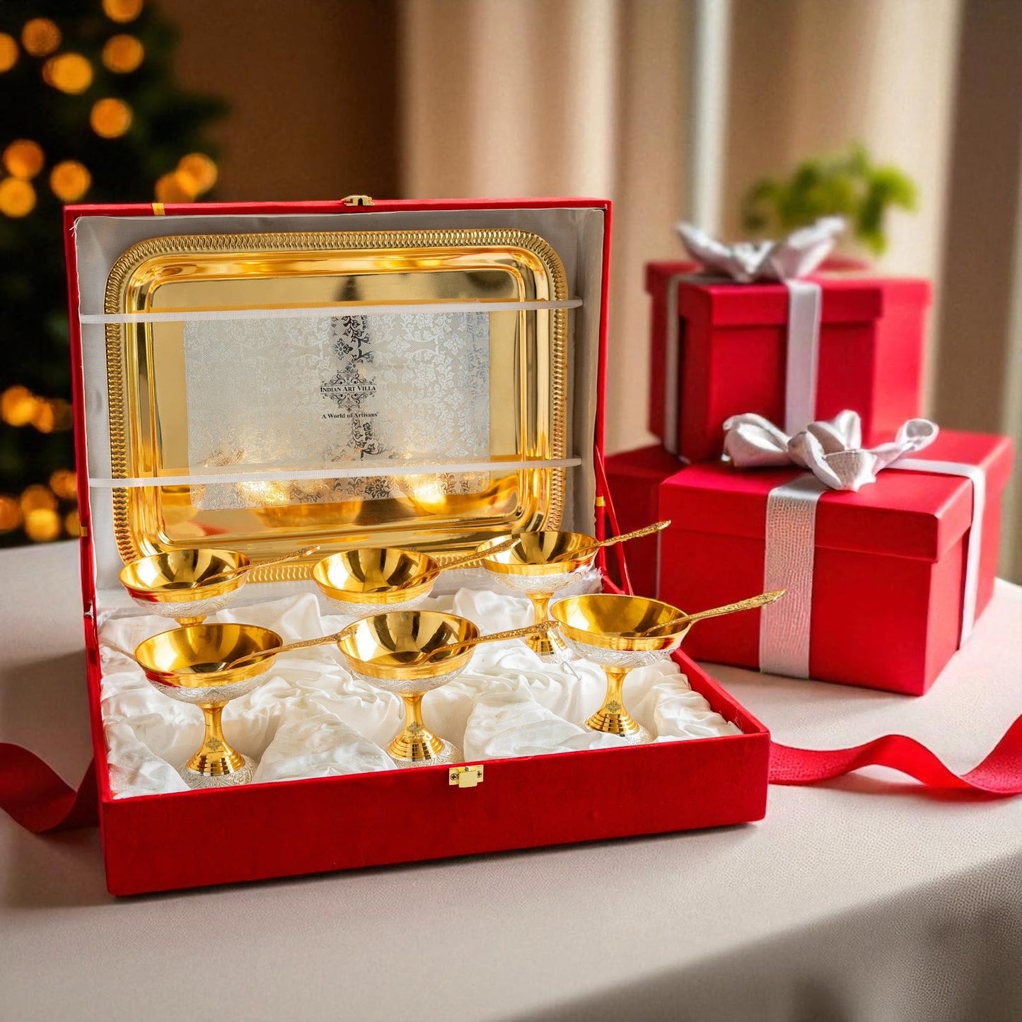 Silver Plated Gold Polished, Set of 6 Ice Cream Bowl & 6 Spoon & Tray