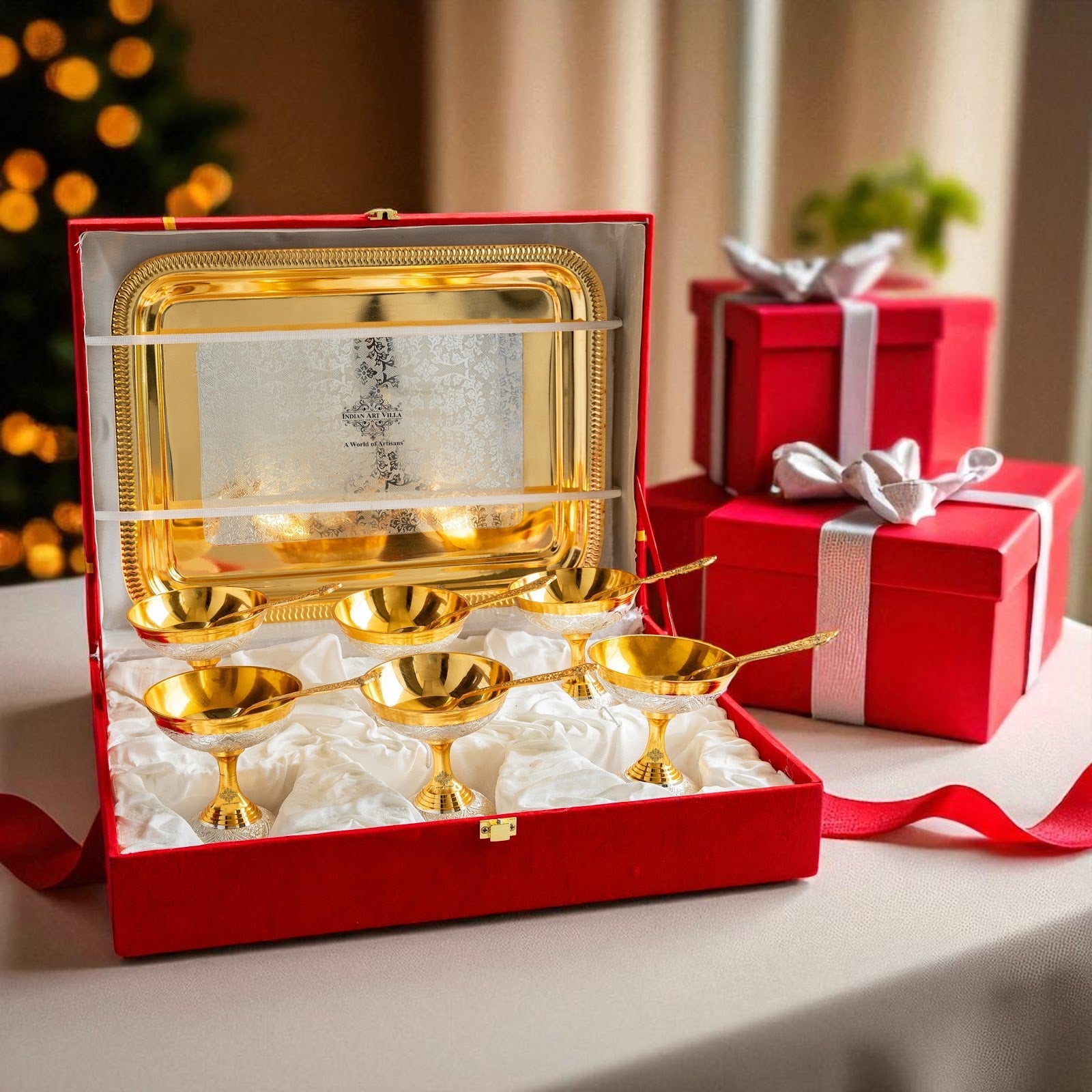 Silver Plated Gold Polished, Set of 6 Ice Cream Bowl & 6 Spoon & Tray