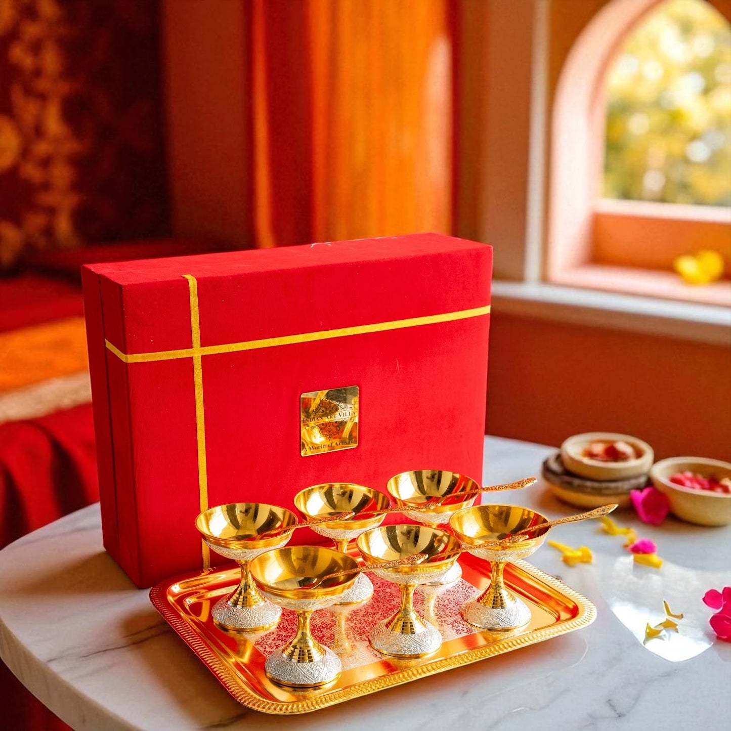 Silver Plated Gold Polished, Set of 6 Ice Cream Bowl & 6 Spoon & Tray