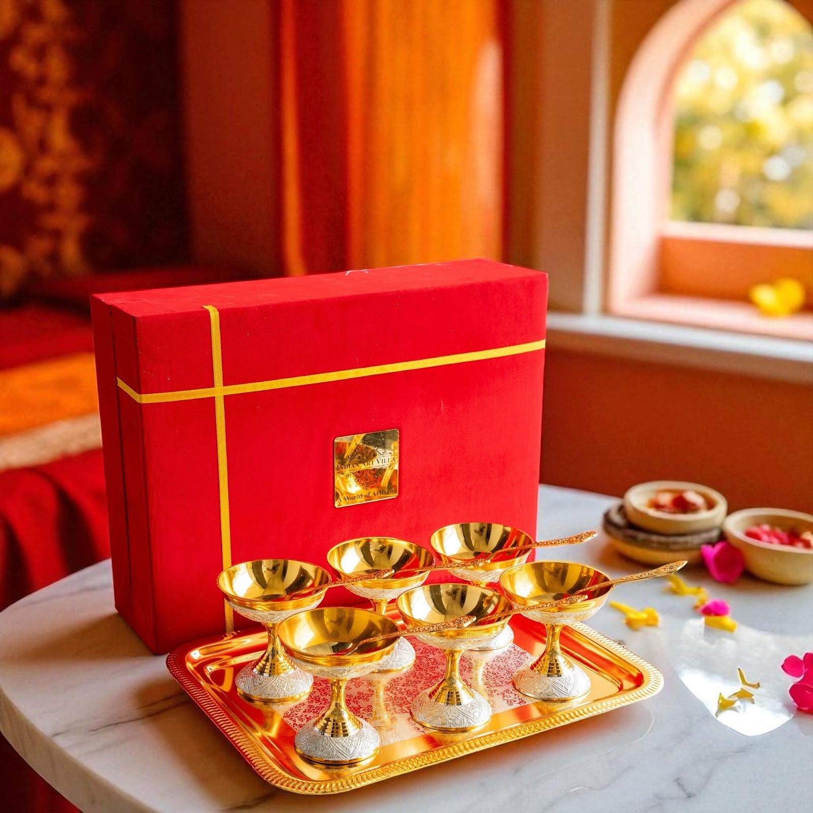 Silver Plated Gold Polished, Set of 6 Ice Cream Bowl & 6 Spoon & Tray