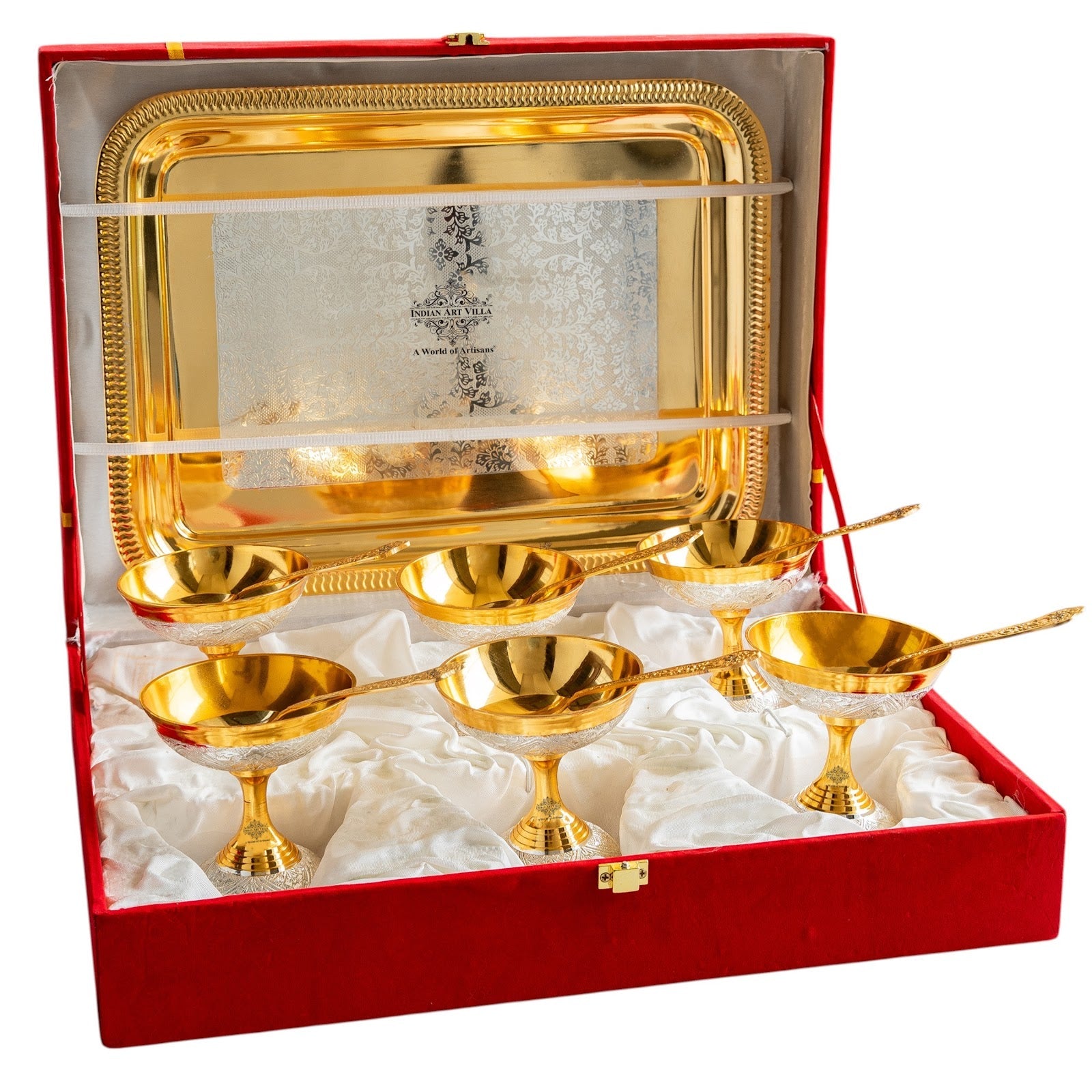 Silver Plated Gold Polished, Set of 6 Ice Cream Bowl & 6 Spoon & Tray