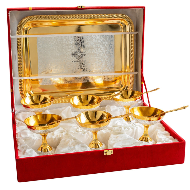 Silver Plated Gold Polished, Set of 6 Ice Cream Bowl & 6 Spoon & Tray