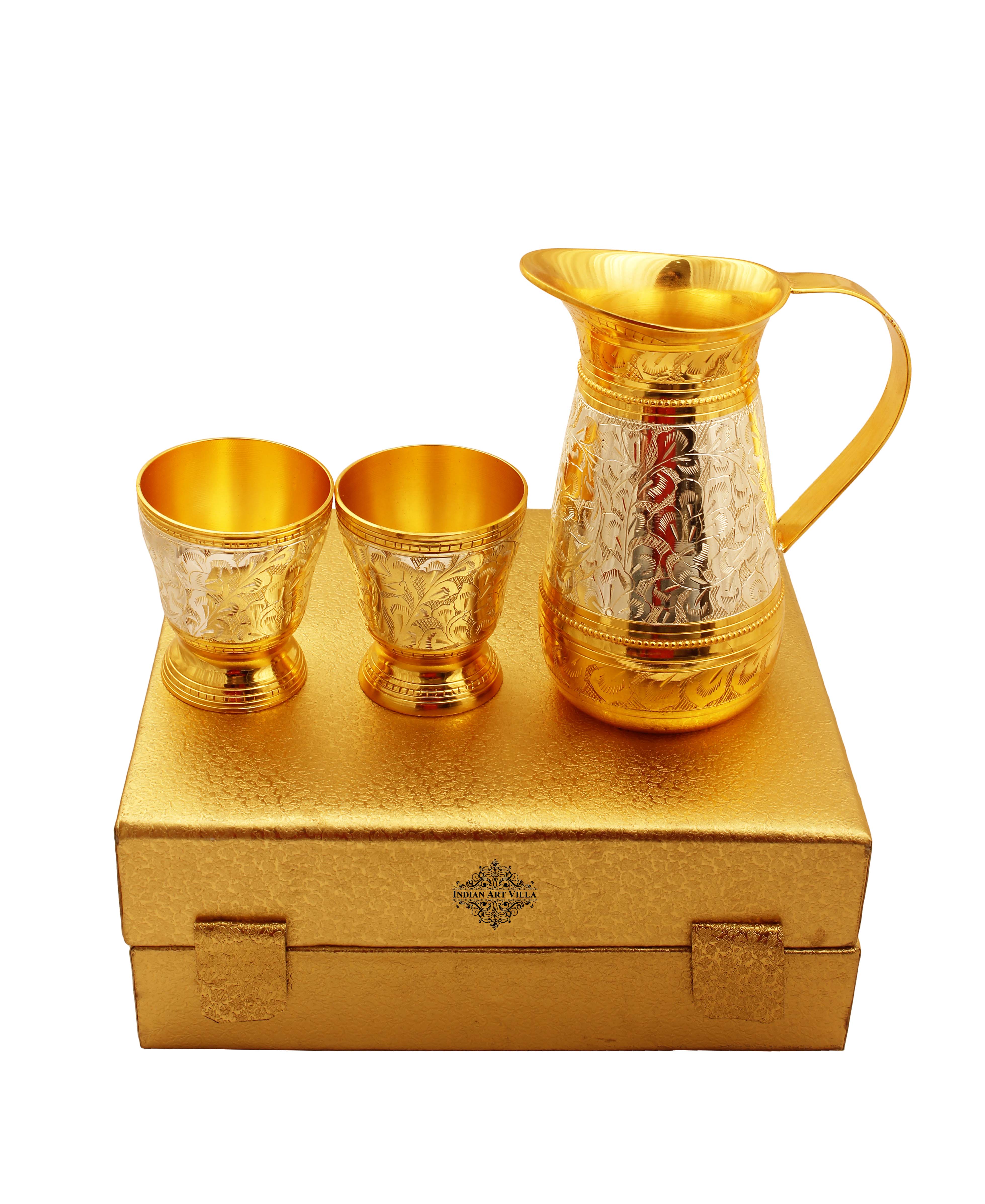 Silver & Gold Plated Jug & 2 Glass Tumbler, Drinkware, Gift Set, 3 Pieces