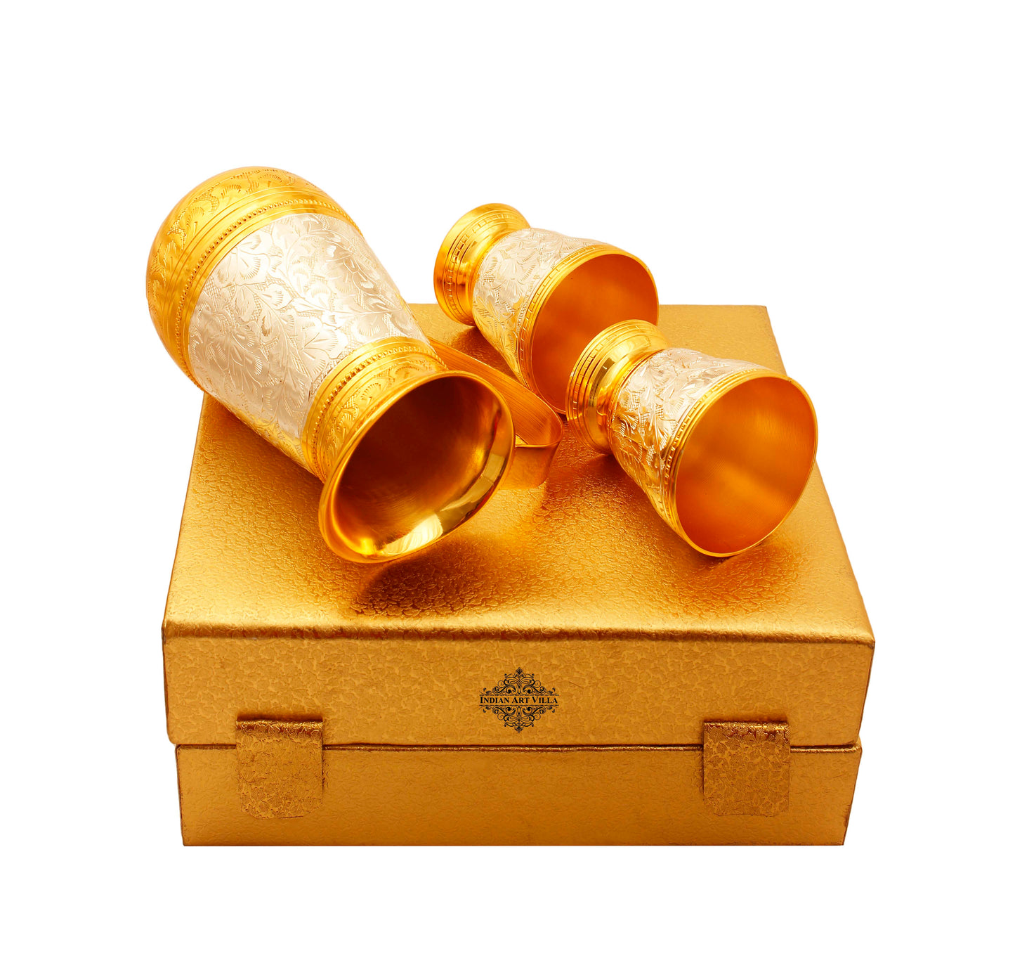 Silver & Gold Plated Jug & 2 Glass Tumbler, Drinkware, Gift Set, 3 Pieces