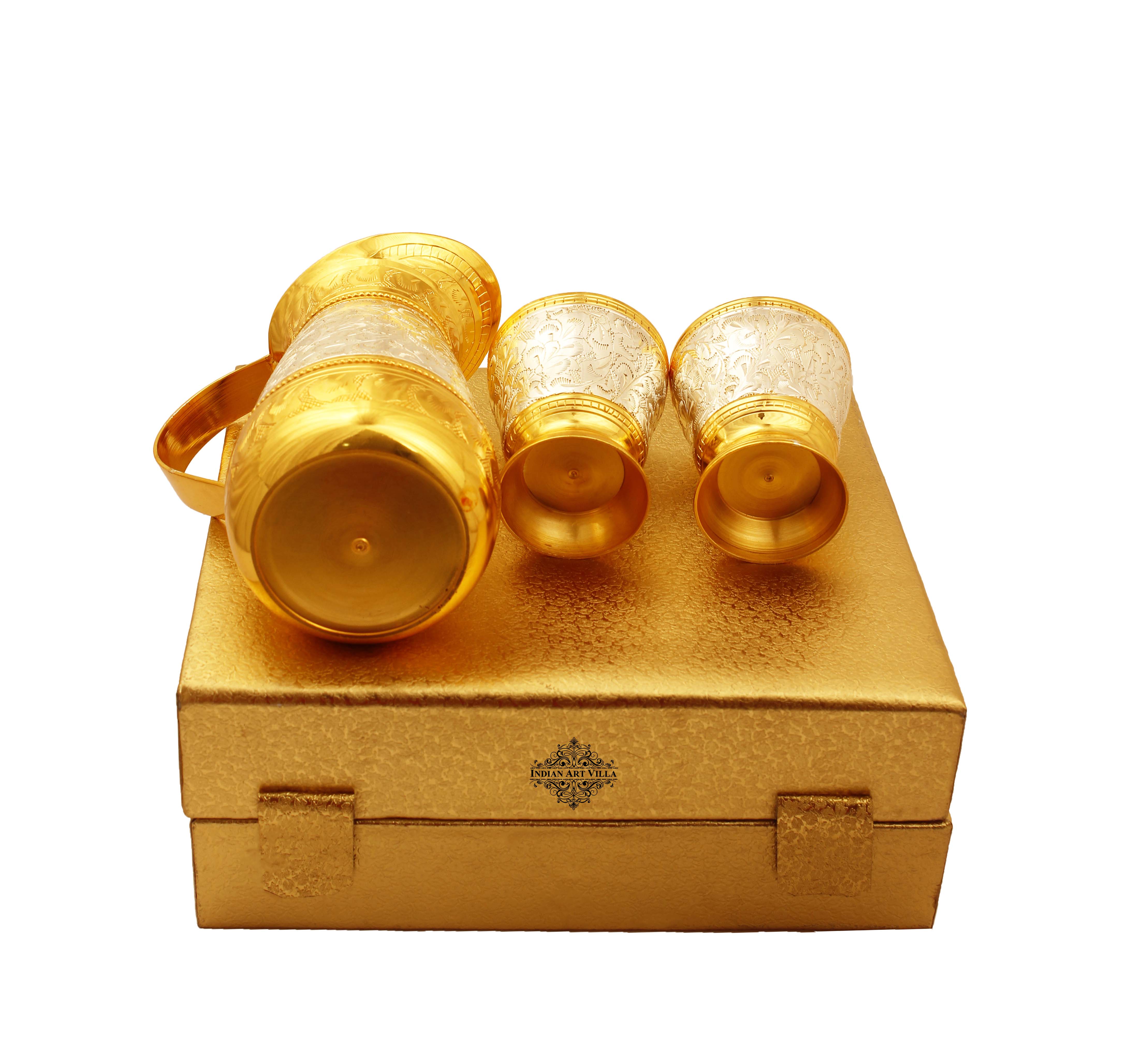 Silver & Gold Plated Jug & 2 Glass Tumbler, Drinkware, Gift Set, 3 Pieces