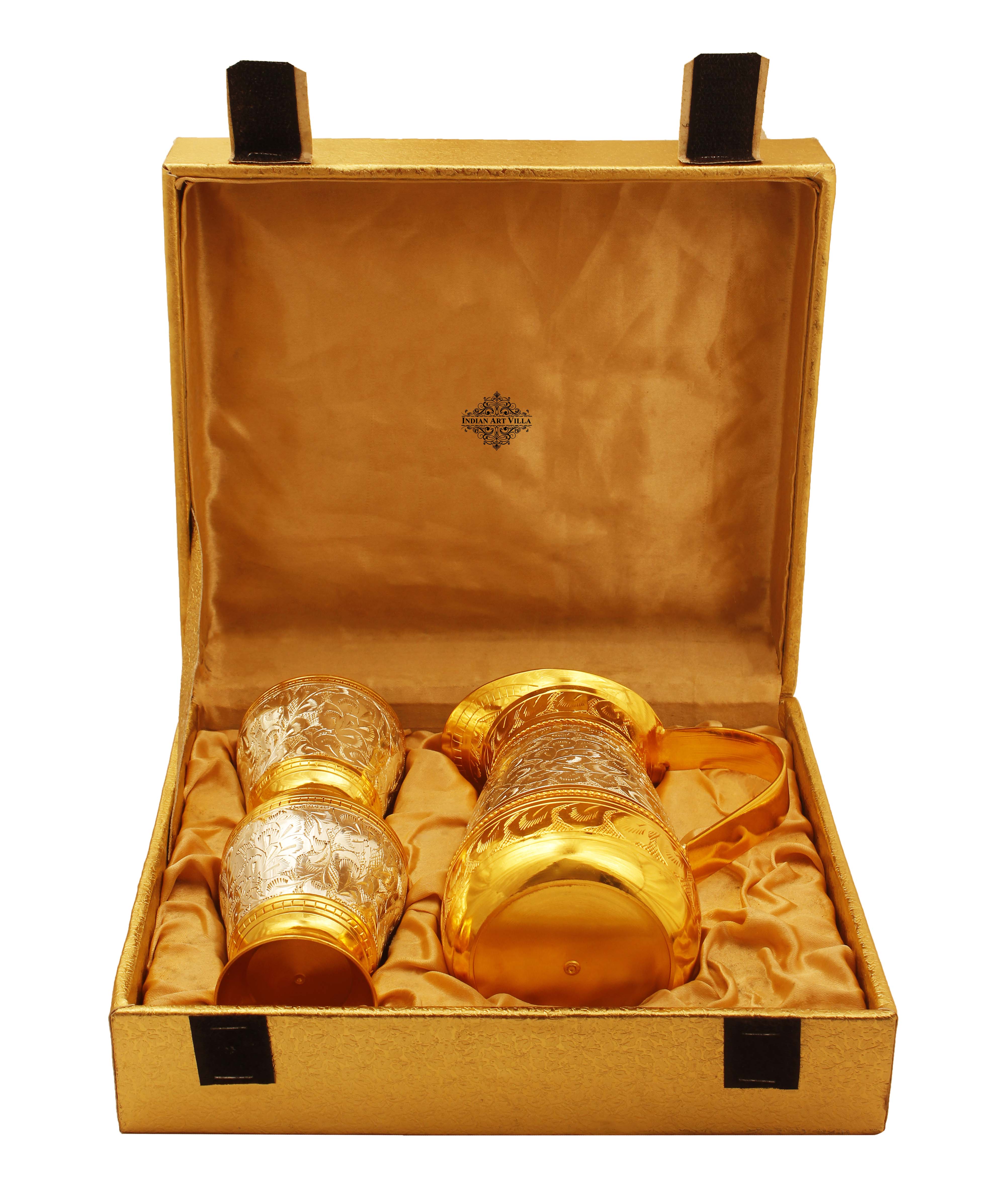 Silver & Gold Plated Jug & 2 Glass Tumbler, Drinkware, Gift Set, 3 Pieces