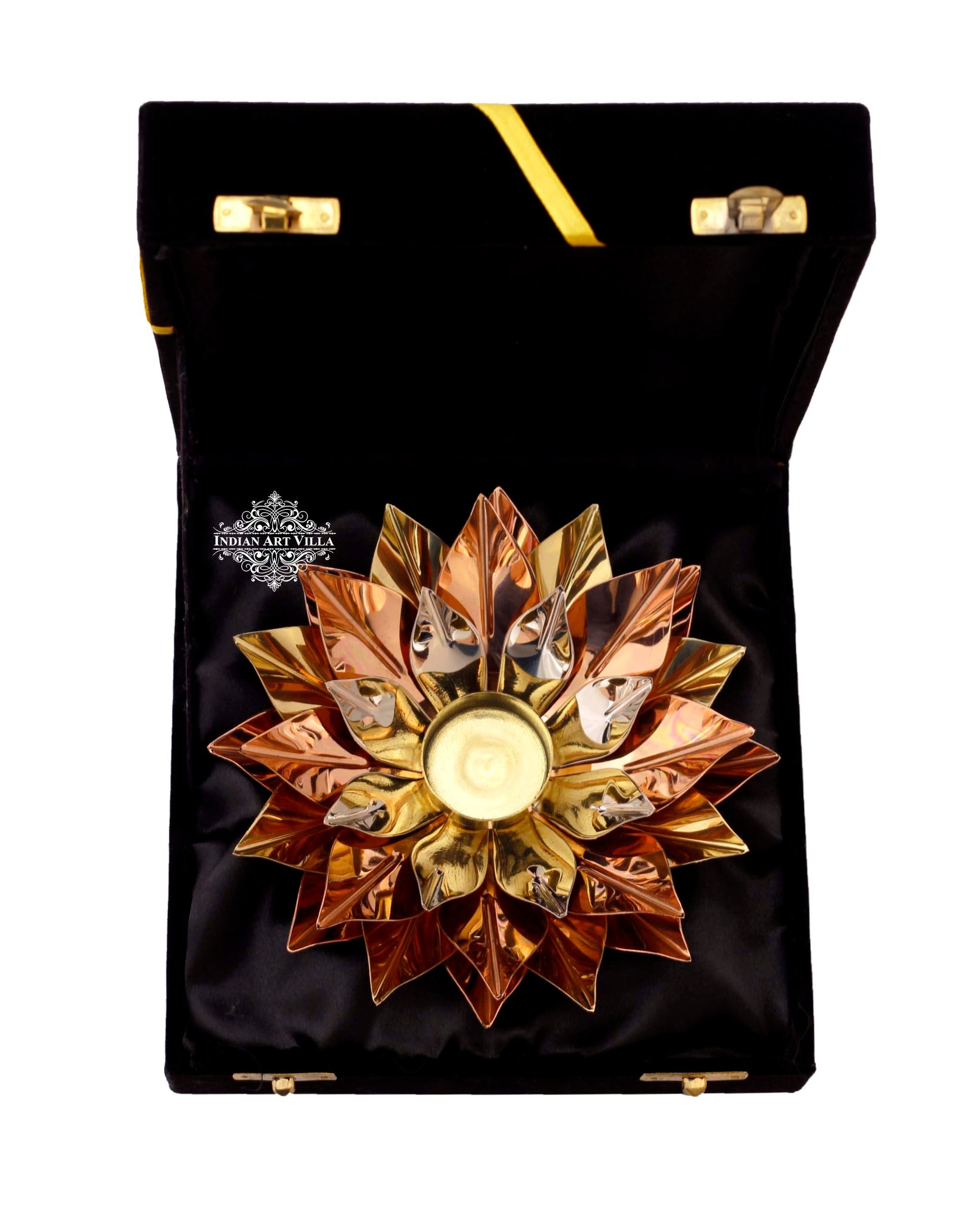 Pure Copper Lotus Design Tea Light Candle Diya / Deepak With Black Velvet Gift Box, Colour-Gold, Silver & Brown, Width-20.32 cm