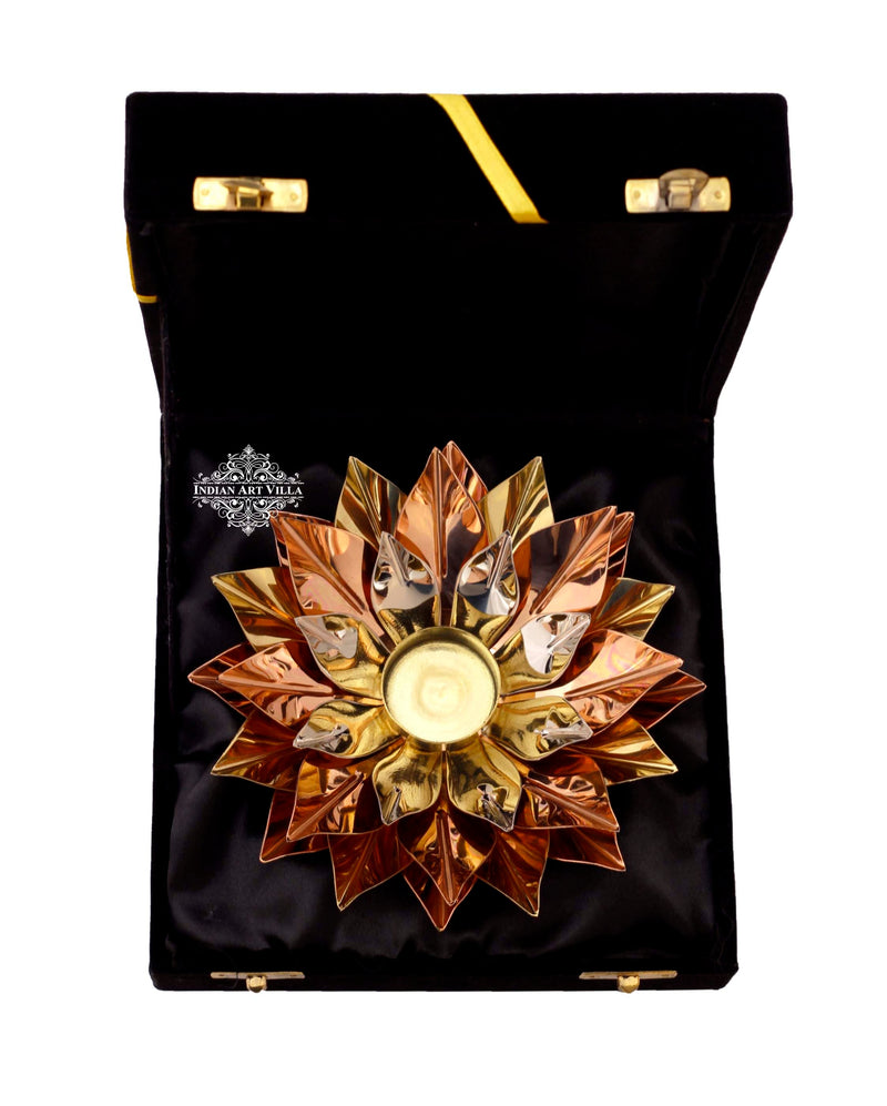 Pure Copper Lotus Design Tea Light Candle Diya / Deepak With Black Velvet Gift Box, Colour-Gold, Silver & Brown, Width-20.32 cm