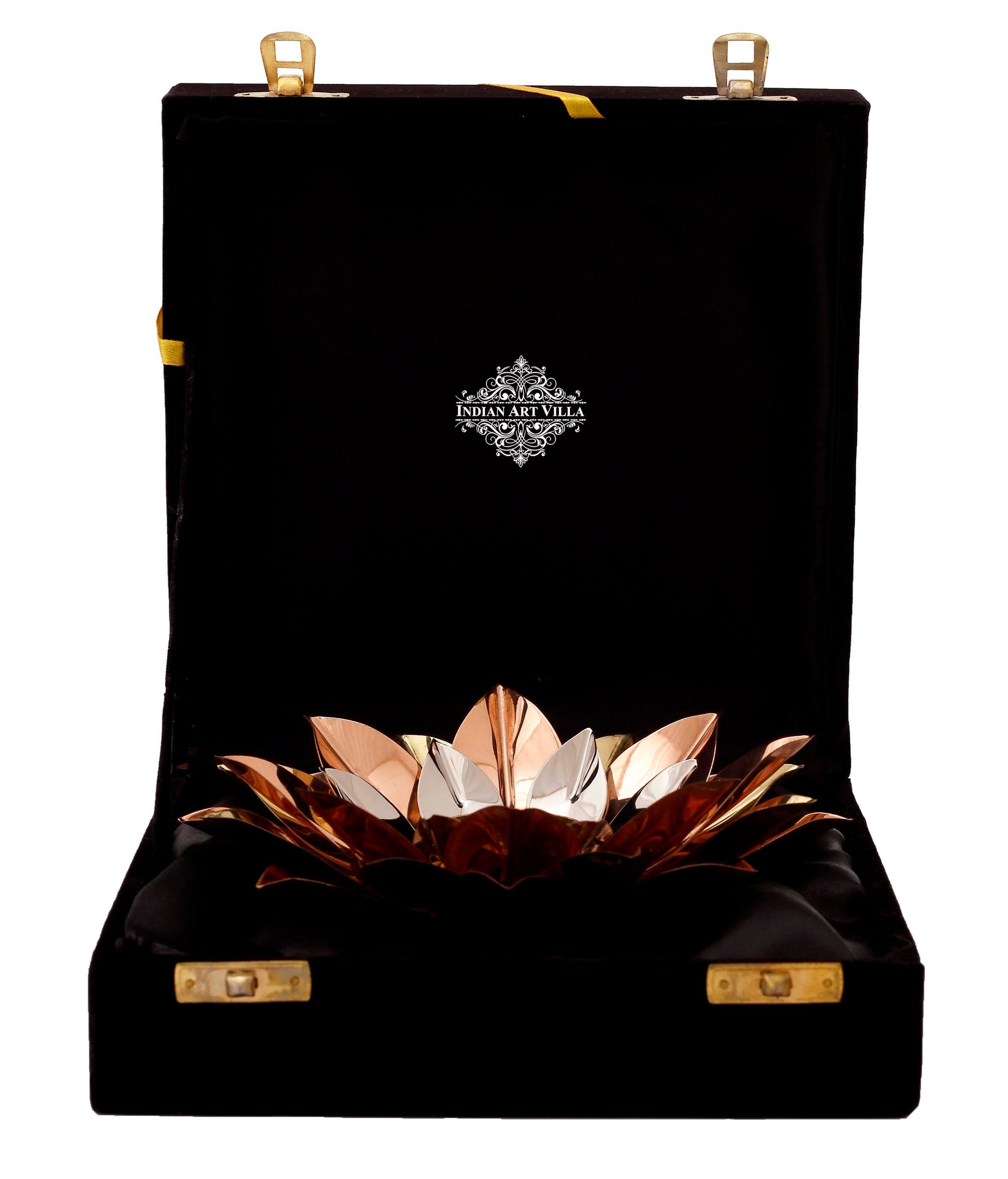 Pure Copper Lotus Design Tea Light Candle Diya / Deepak With Black Velvet Gift Box, Colour-Gold, Silver & Brown, Width-20.32 cm