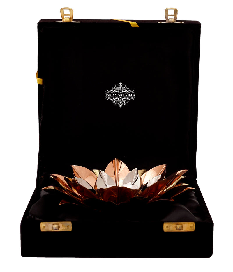 Pure Copper Lotus Design Tea Light Candle Diya / Deepak With Black Velvet Gift Box, Colour-Gold, Silver & Brown, Width-20.32 cm