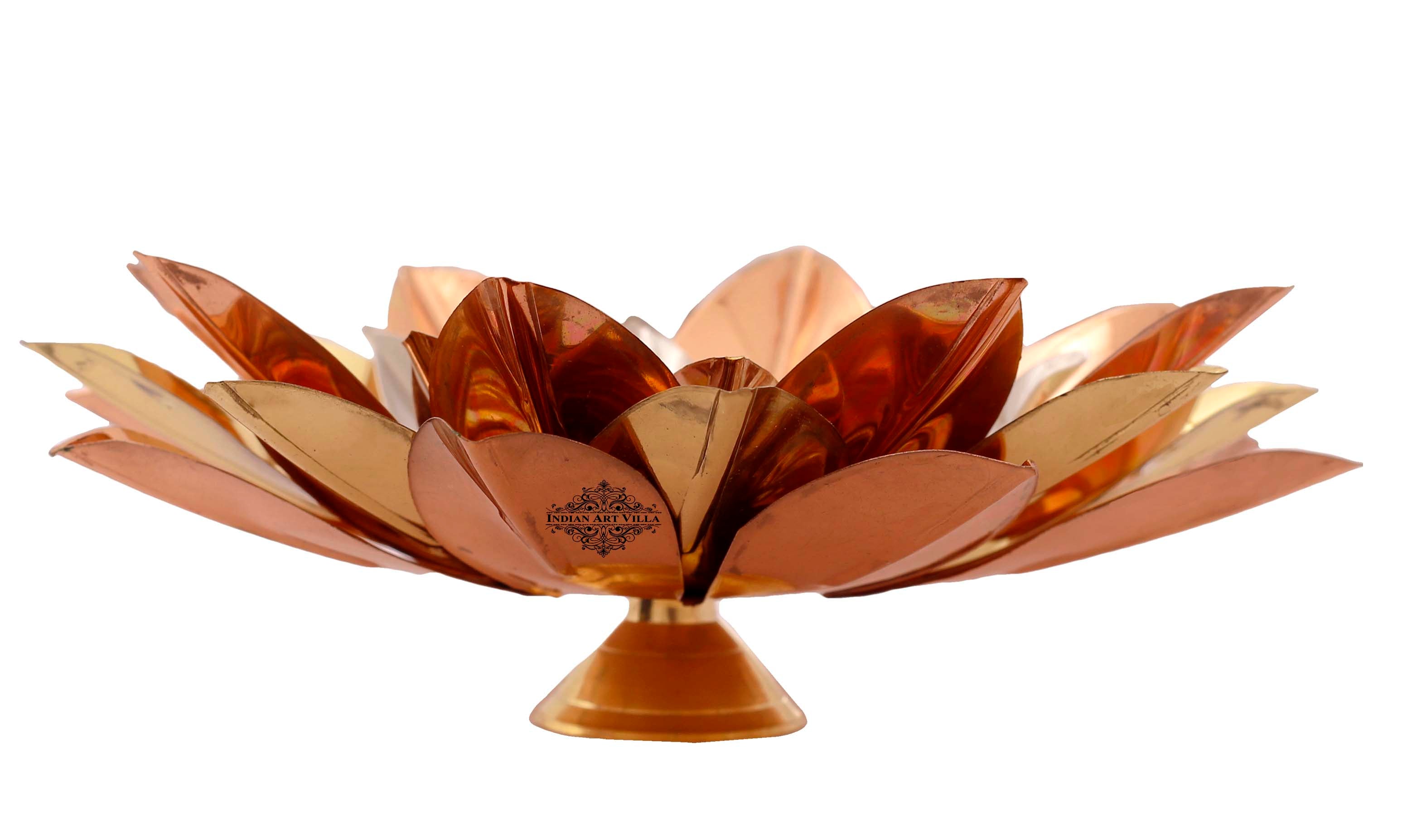 Pure Copper Lotus Design Tea Light Candle Diya / Deepak With Black Velvet Gift Box, Colour-Gold, Silver & Brown, Width-20.32 cm