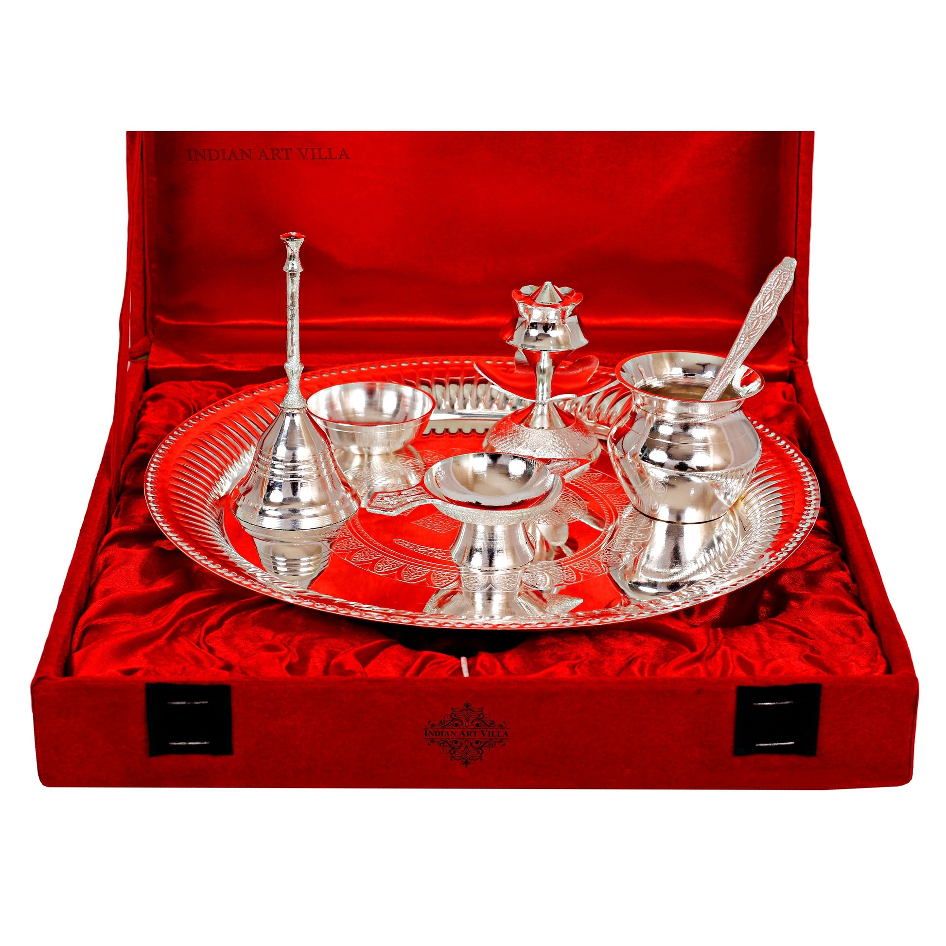 Handmade Pure Silver Plated Designer Pooja Thali Set