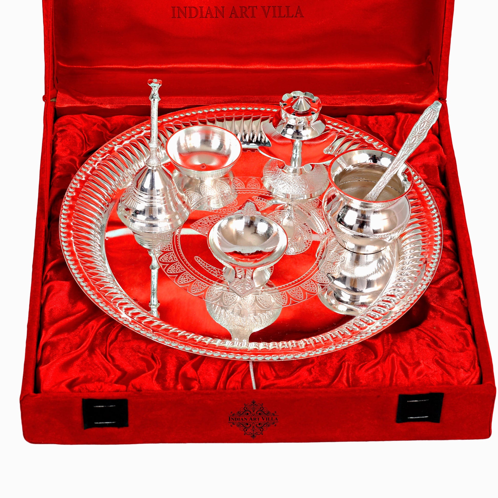Handmade Pure Silver Plated Designer Pooja Thali Set