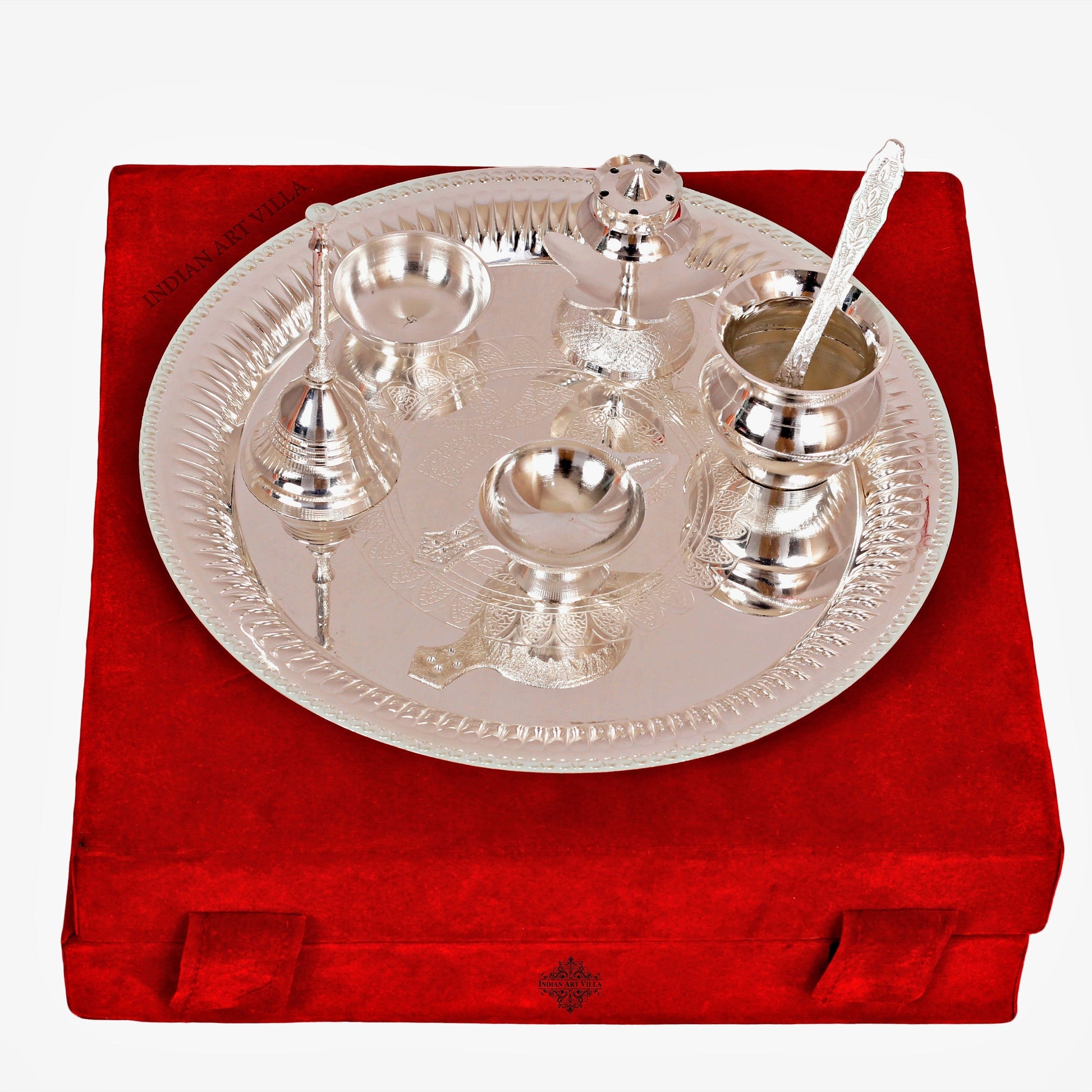 Handmade Pure Silver Plated Designer Pooja Thali Set