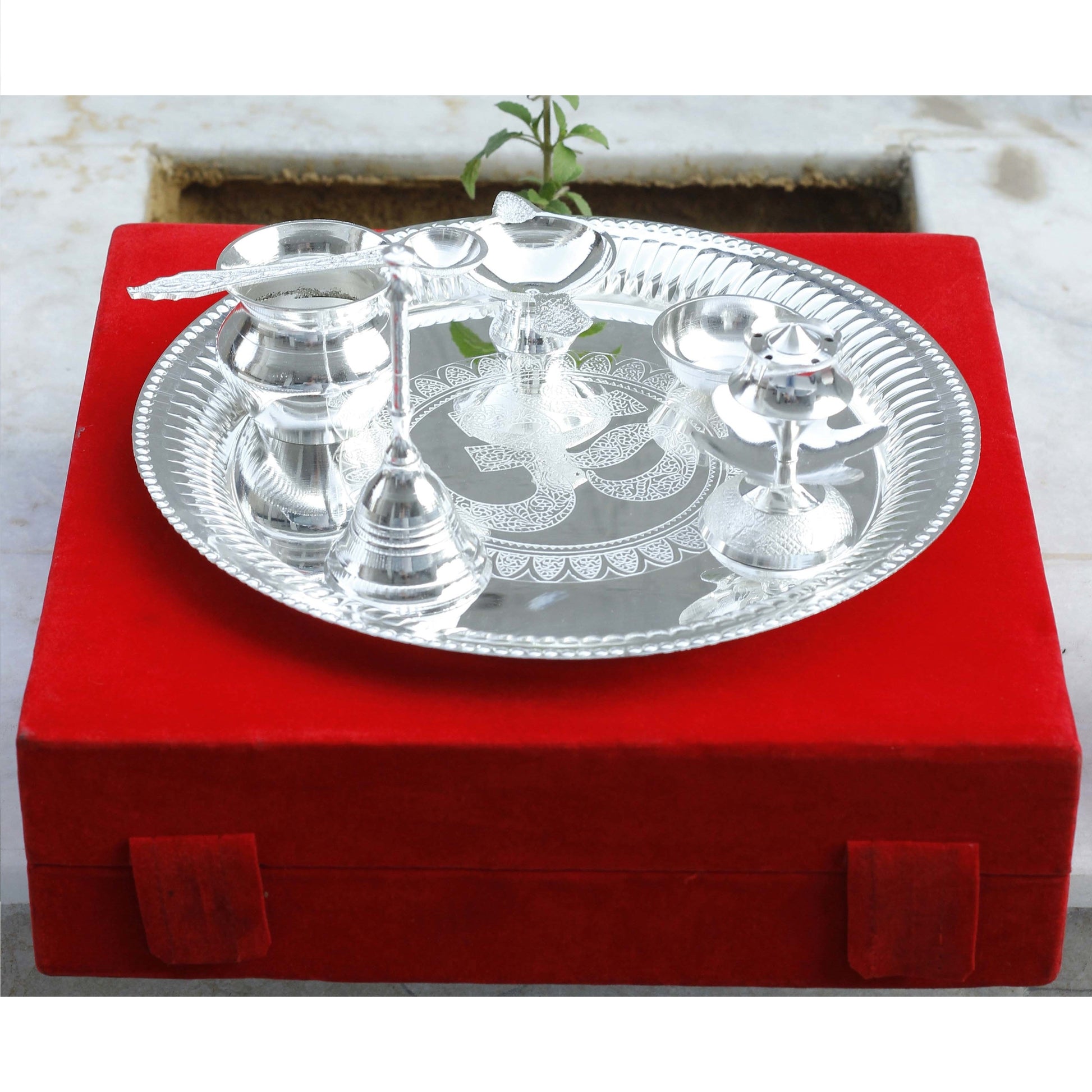 Handmade Pure Silver Plated Designer Pooja Thali Set
