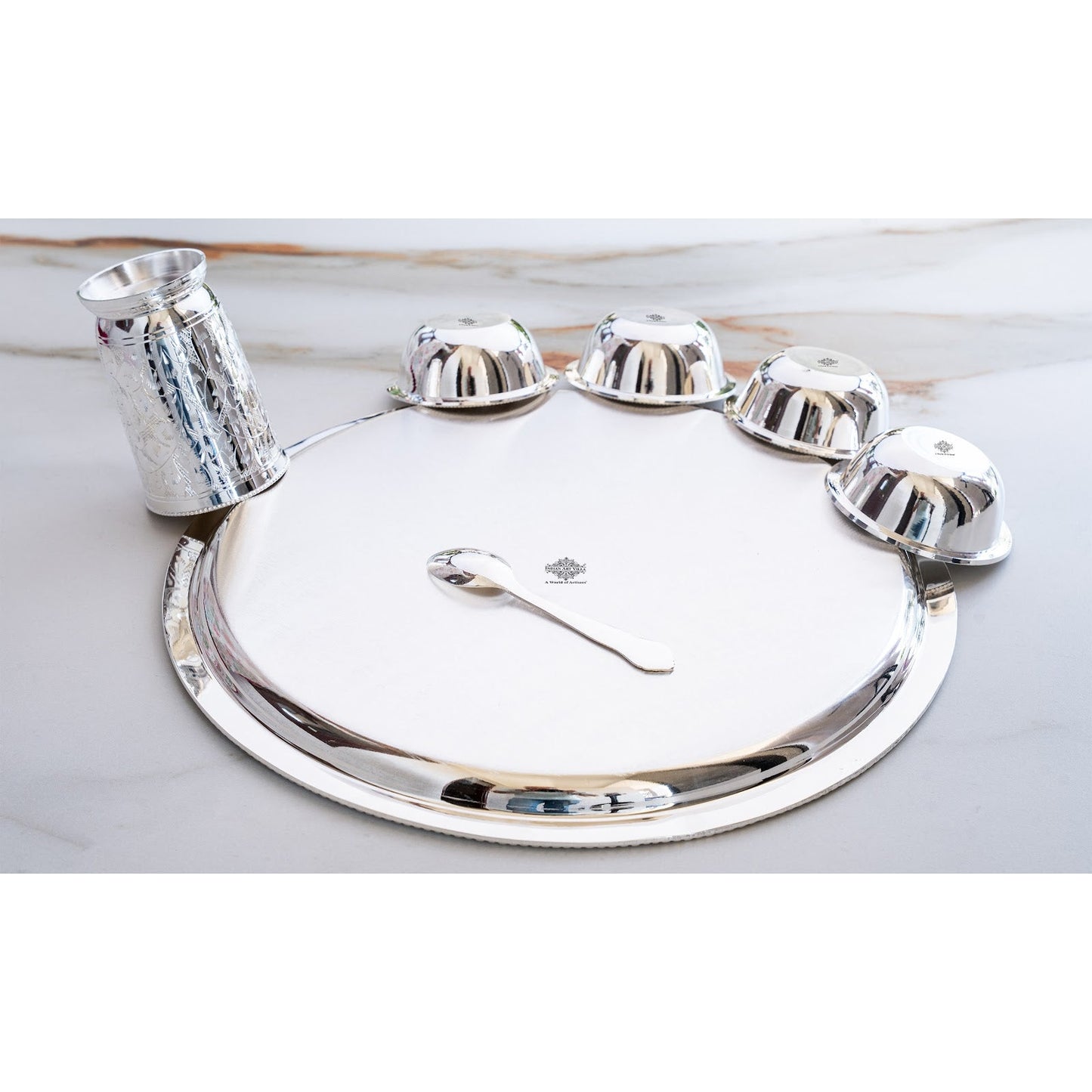 Handcrafted Pure Silver Plated Embossed Design Dinner Set 7 Pieces