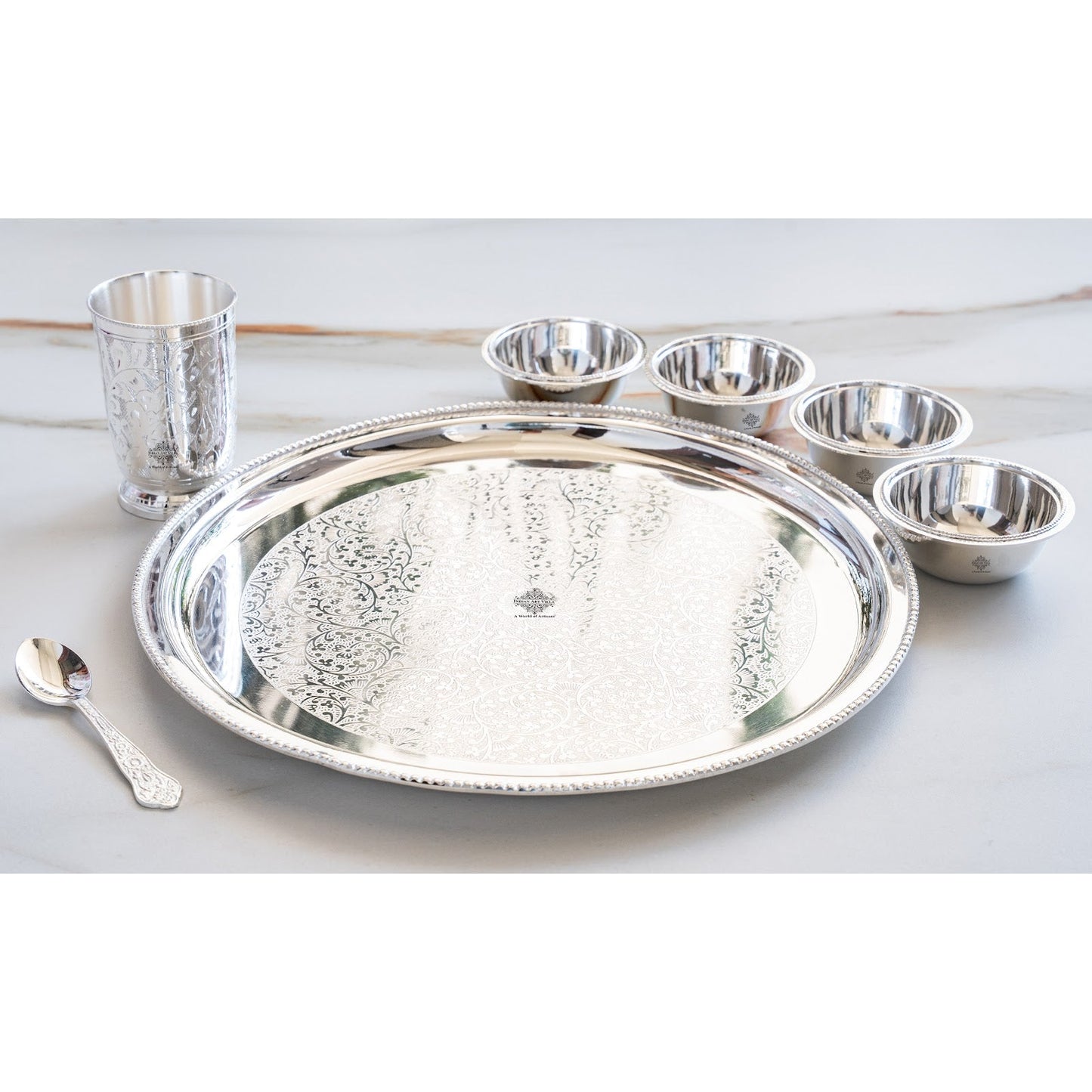 Handcrafted Pure Silver Plated Embossed Design Dinner Set 7 Pieces