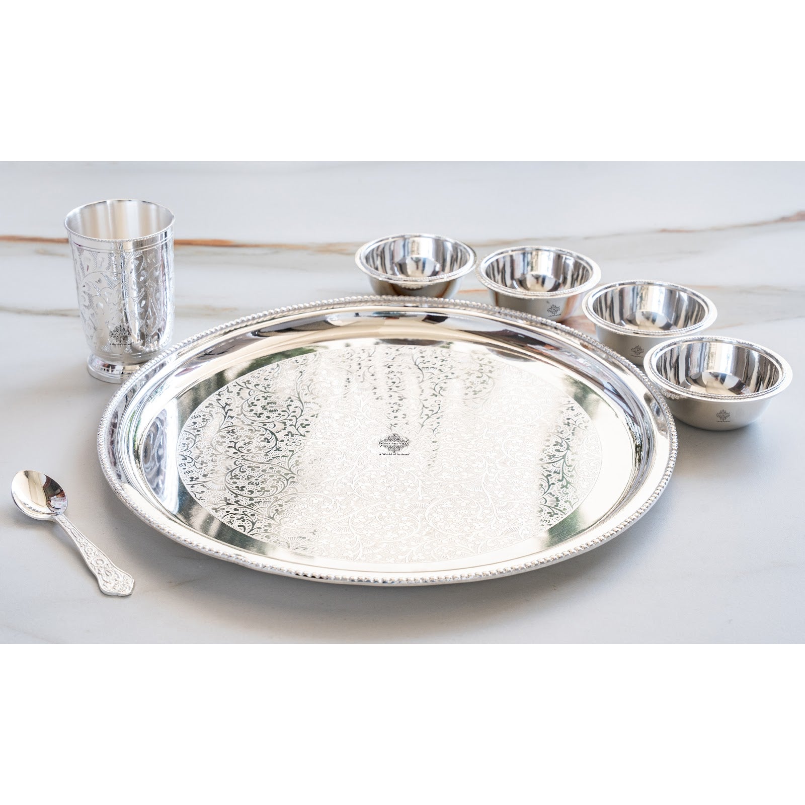 Handcrafted Pure Silver Plated Embossed Design Dinner Set 7 Pieces