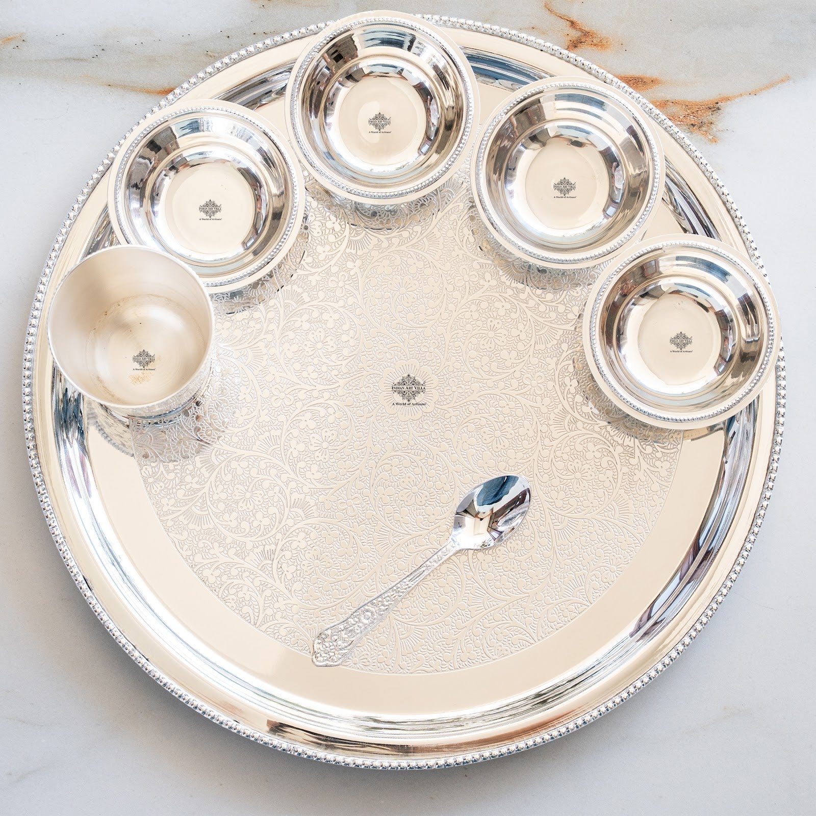 Handcrafted Pure Silver Plated Embossed Design Dinner Set 7 Pieces