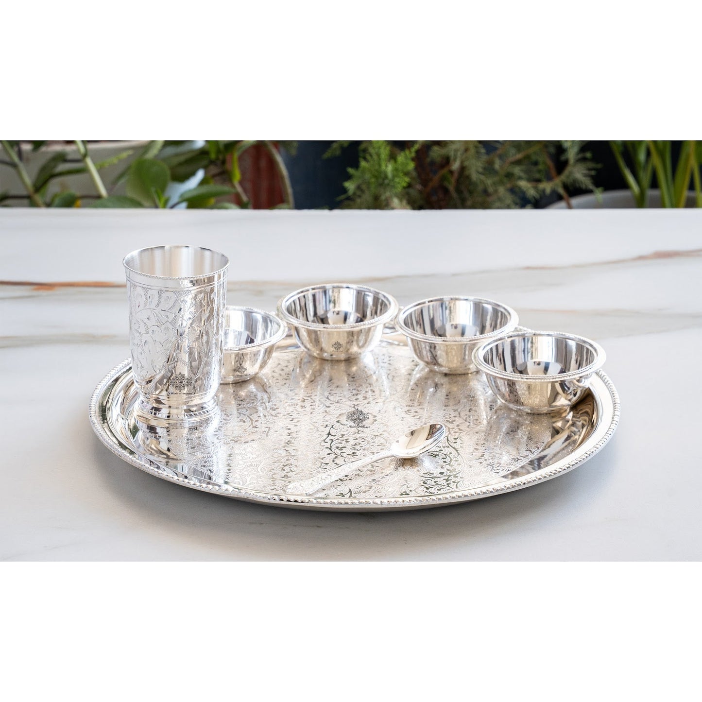 Handcrafted Pure Silver Plated Embossed Design Dinner Set 7 Pieces