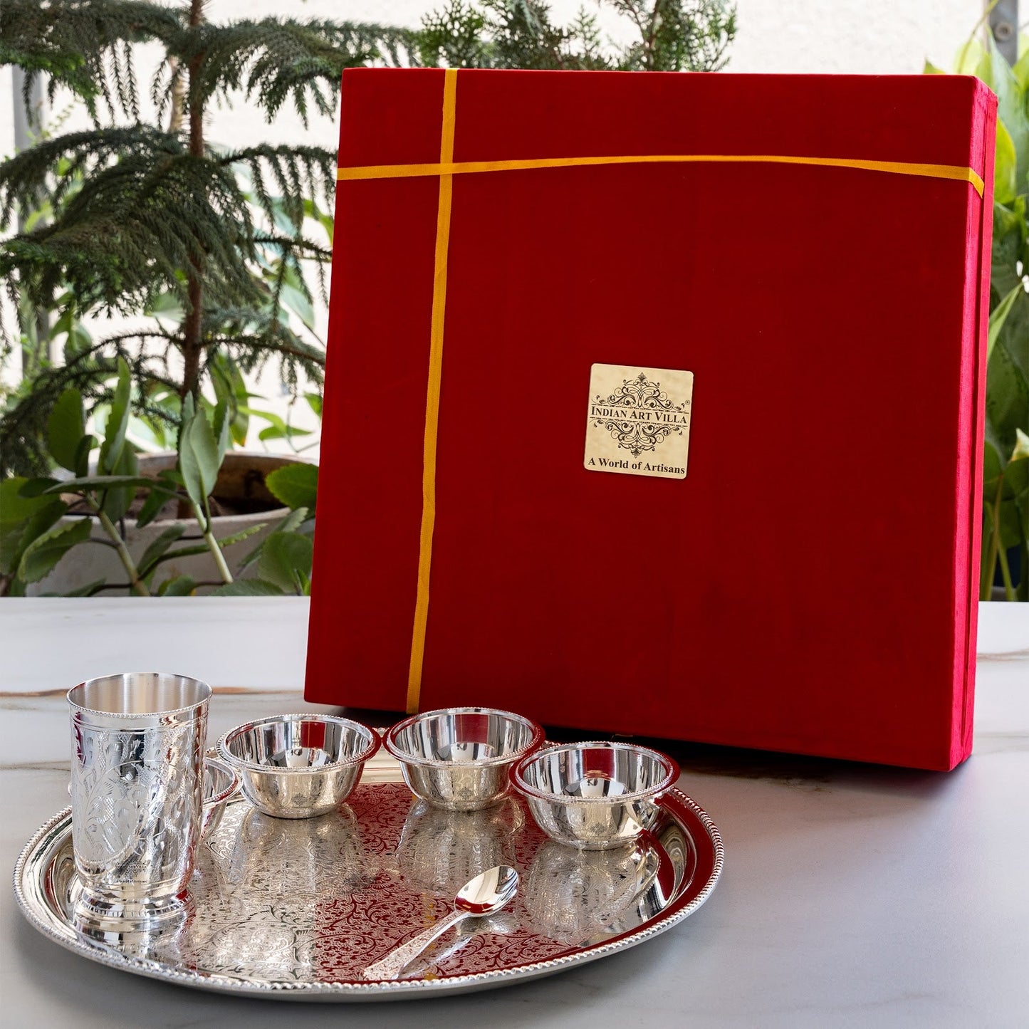 Handcrafted Pure Silver Plated Embossed Design Dinner Set 7 Pieces