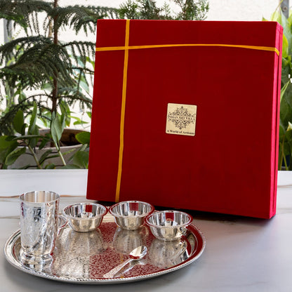 Handcrafted Pure Silver Plated Embossed Design Dinner Set 7 Pieces