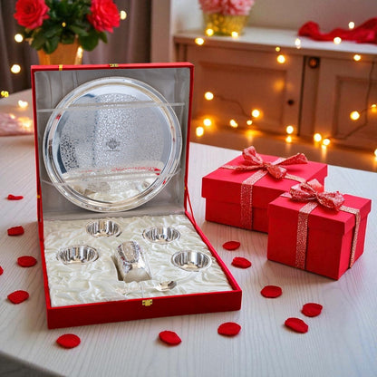 Handcrafted Pure Silver Plated Embossed Design Dinner Set 7 Pieces