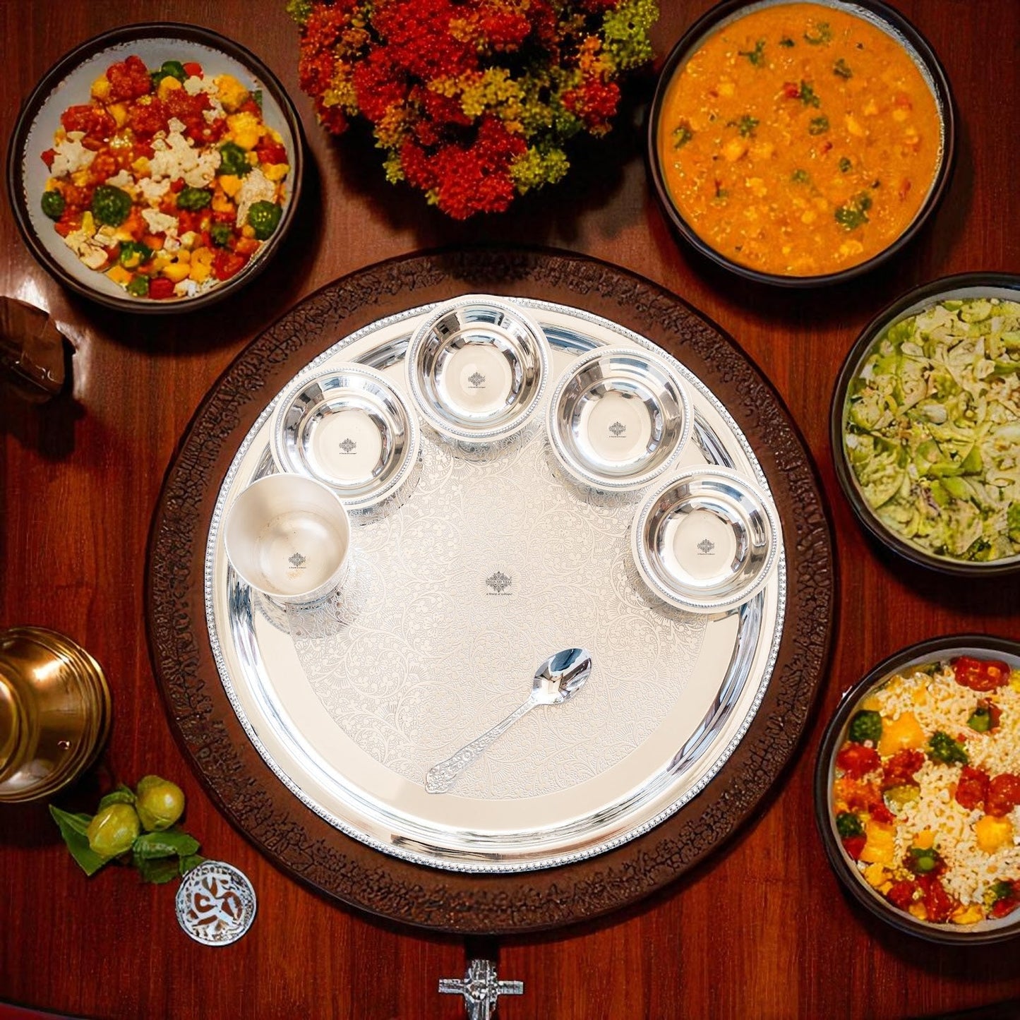 Handcrafted Pure Silver Plated Embossed Design Dinner Set 7 Pieces