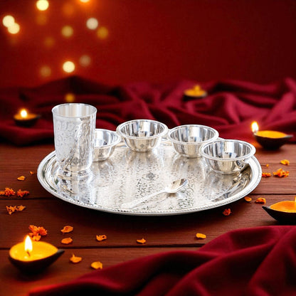 Handcrafted Pure Silver Plated Embossed Design Dinner Set 7 Pieces