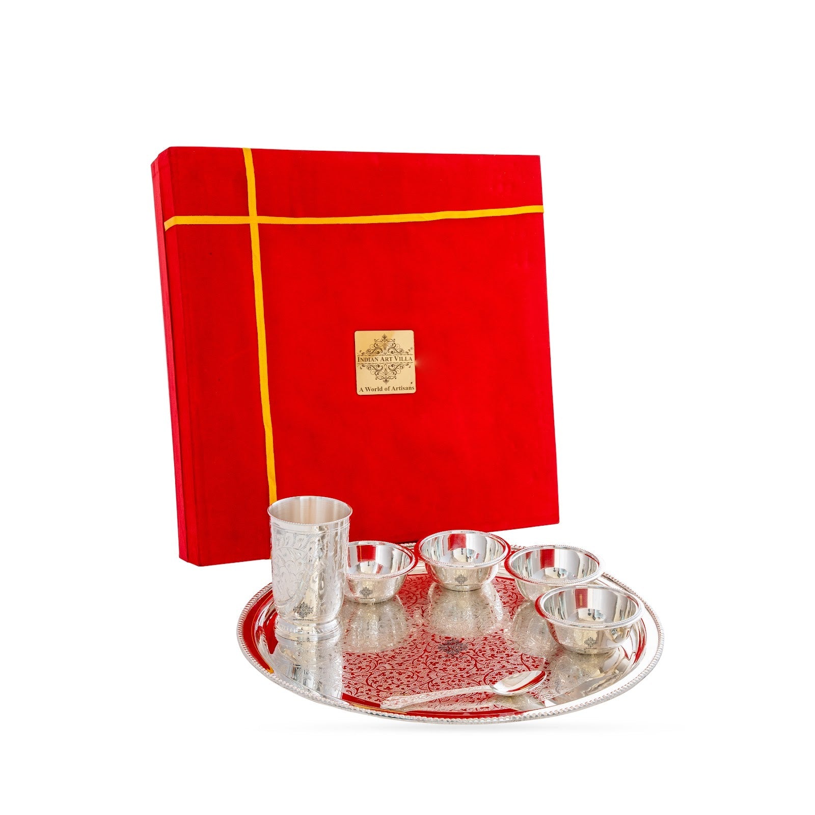 Handcrafted Pure Silver Plated Embossed Design Dinner Set 7 Pieces