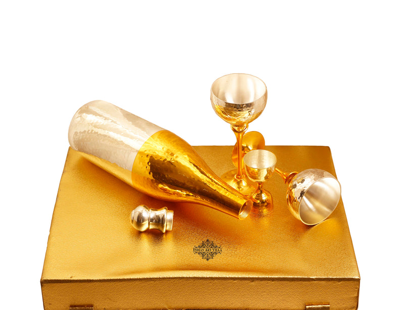 Silver & Gold Plated Champagne Bottle, 2 Wine Glass & Peg Measure, Barware Gift Set
