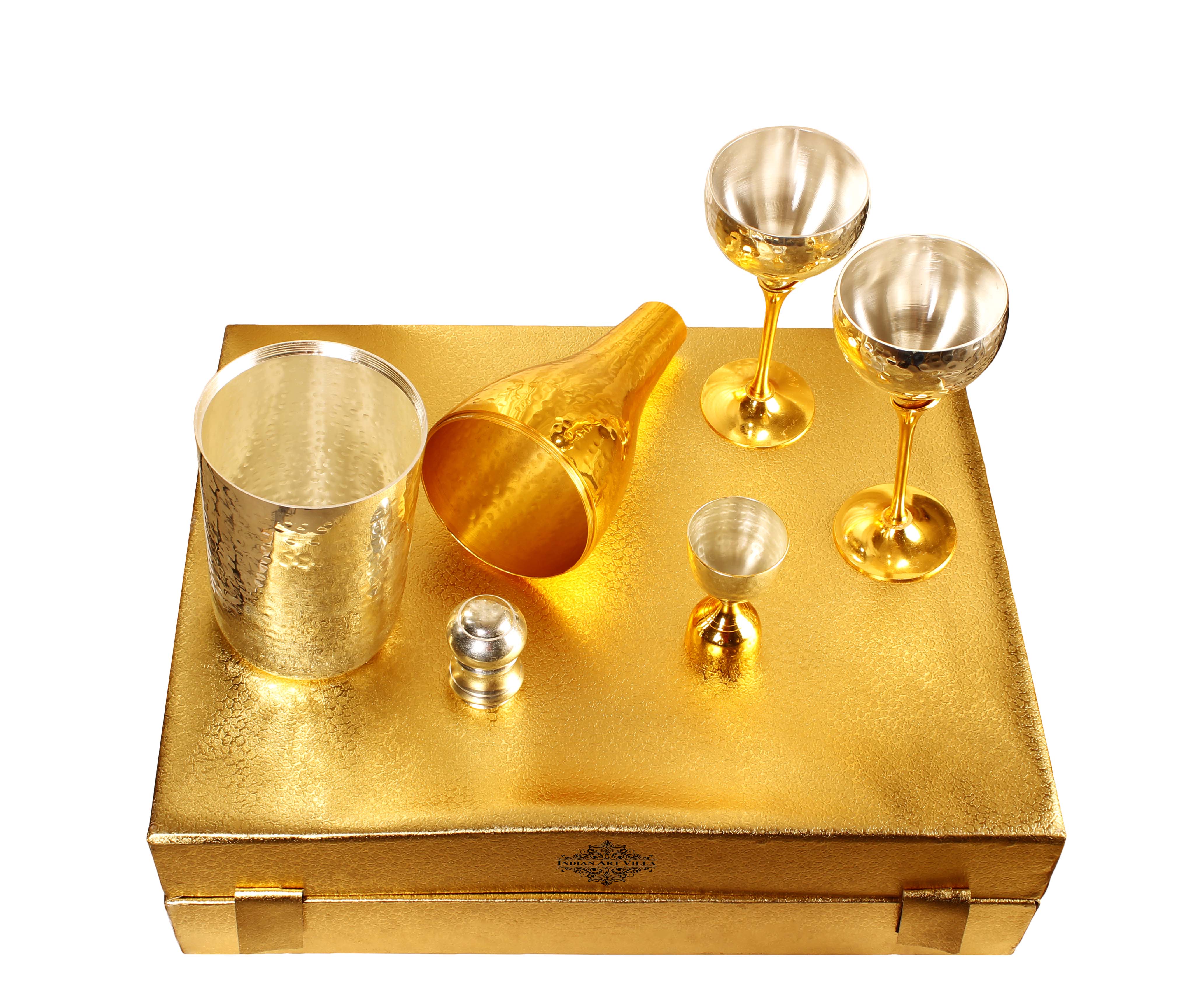 Silver & Gold Plated Champagne Bottle, 2 Wine Glass & Peg Measure, Barware Gift Set