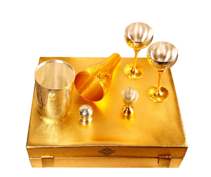 Silver & Gold Plated Champagne Bottle, 2 Wine Glass & Peg Measure, Barware Gift Set