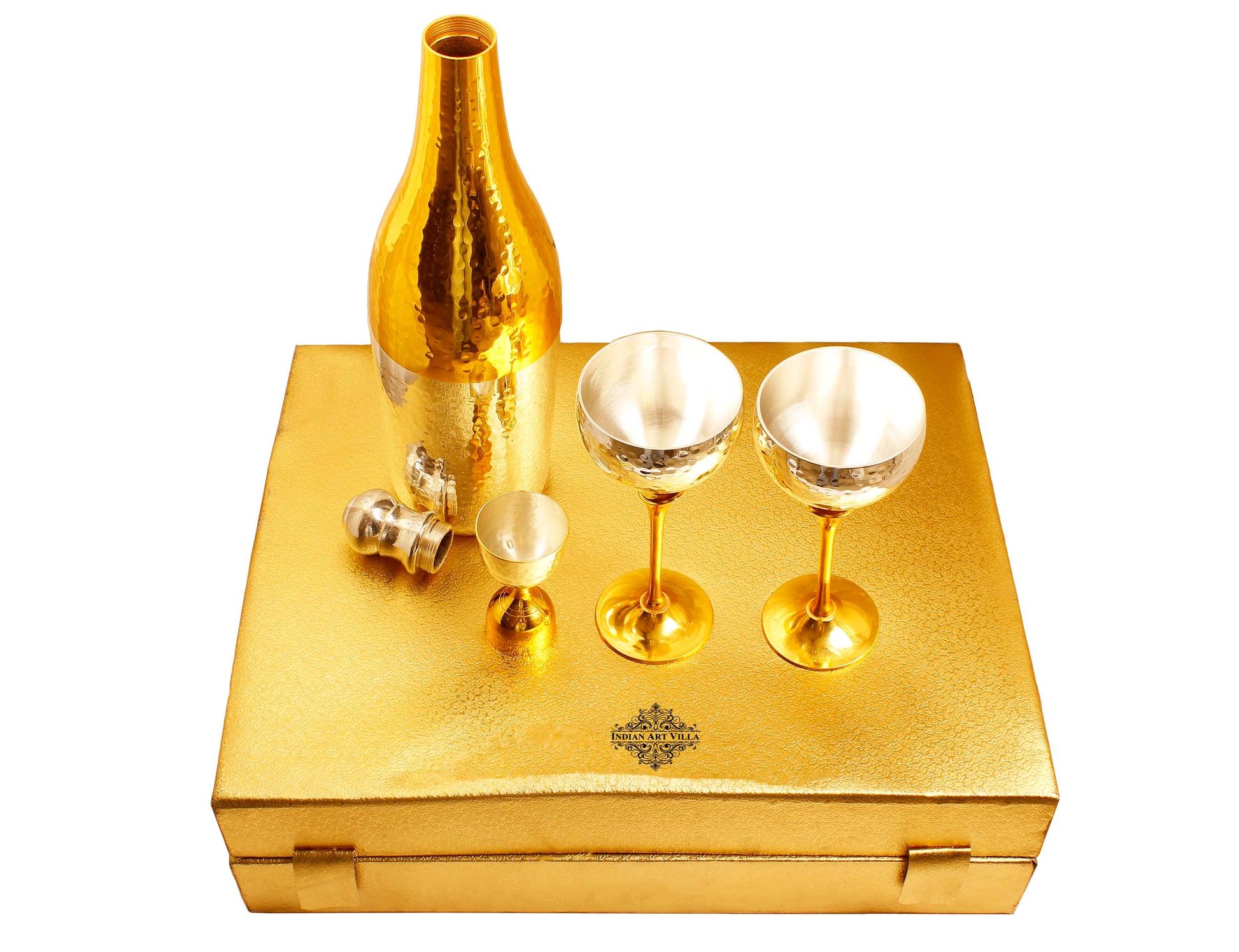 Silver & Gold Plated Champagne Bottle, 2 Wine Glass & Peg Measure, Barware Gift Set