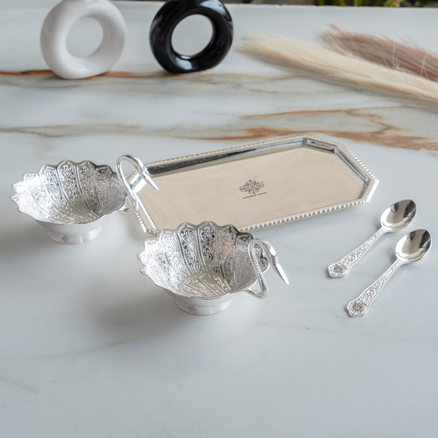 Silver Plated Duck Design Gift Set 2 Bowl, 2 Spoon & 1 Tray, 5 Pieces