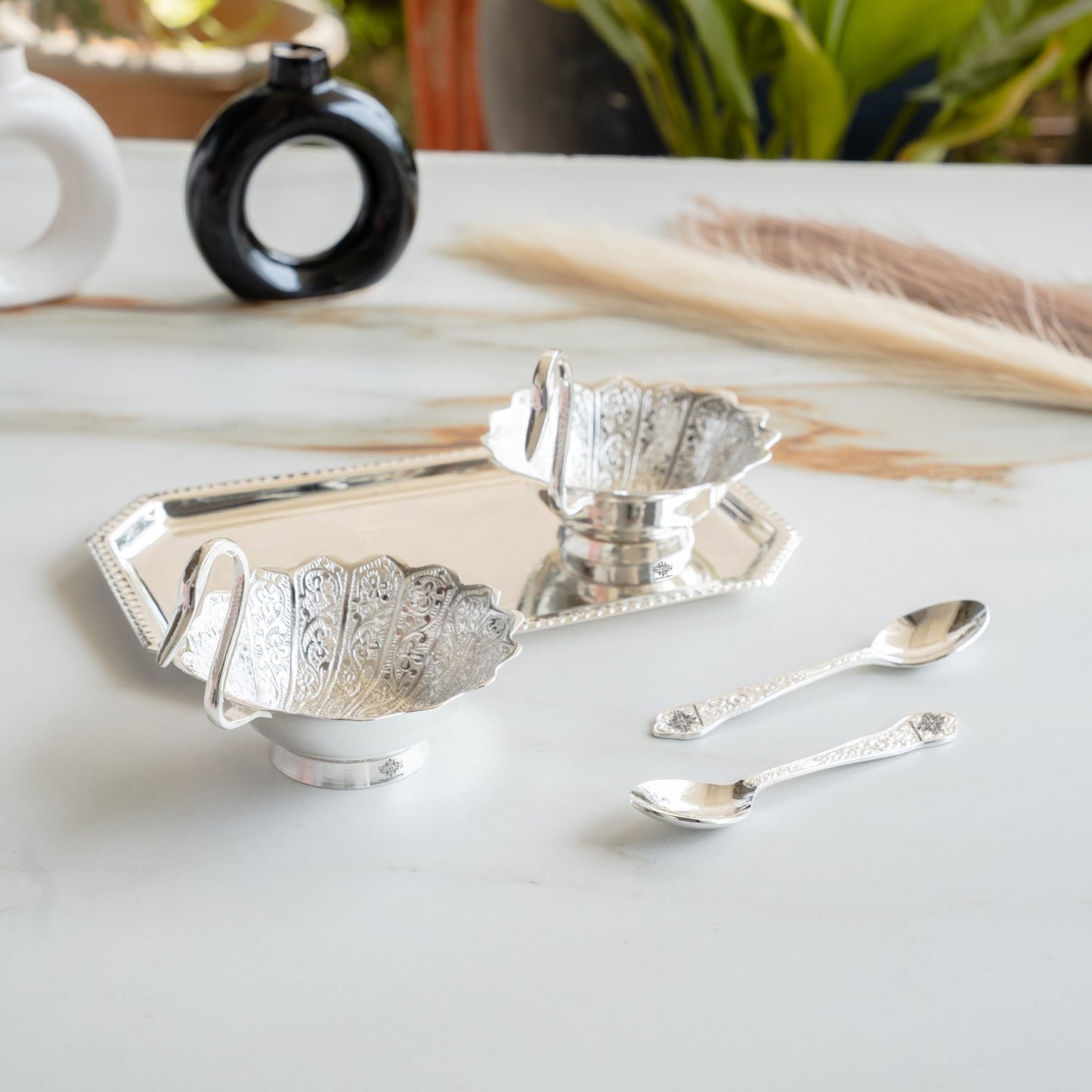 Silver Plated Duck Design Gift Set 2 Bowl, 2 Spoon & 1 Tray, 5 Pieces