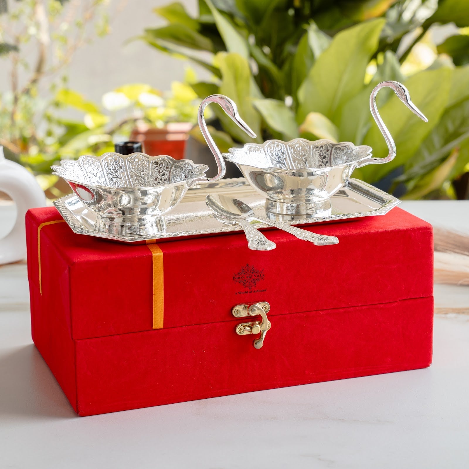 Silver Plated Duck Design Gift Set 2 Bowl, 2 Spoon & 1 Tray, 5 Pieces