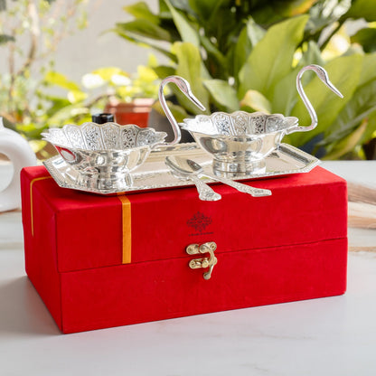 Silver Plated Duck Design Gift Set 2 Bowl, 2 Spoon & 1 Tray, 5 Pieces