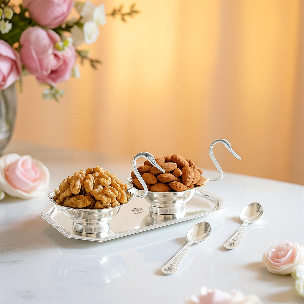 Silver Plated Duck Design Gift Set 2 Bowl, 2 Spoon & 1 Tray, 5 Pieces