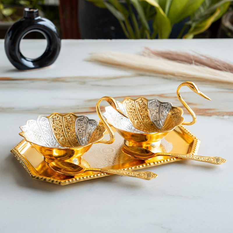 Silver Plated Duck Design Gift Set 2 Bowl, 2 Spoon & 1 Tray, 5 Pieces