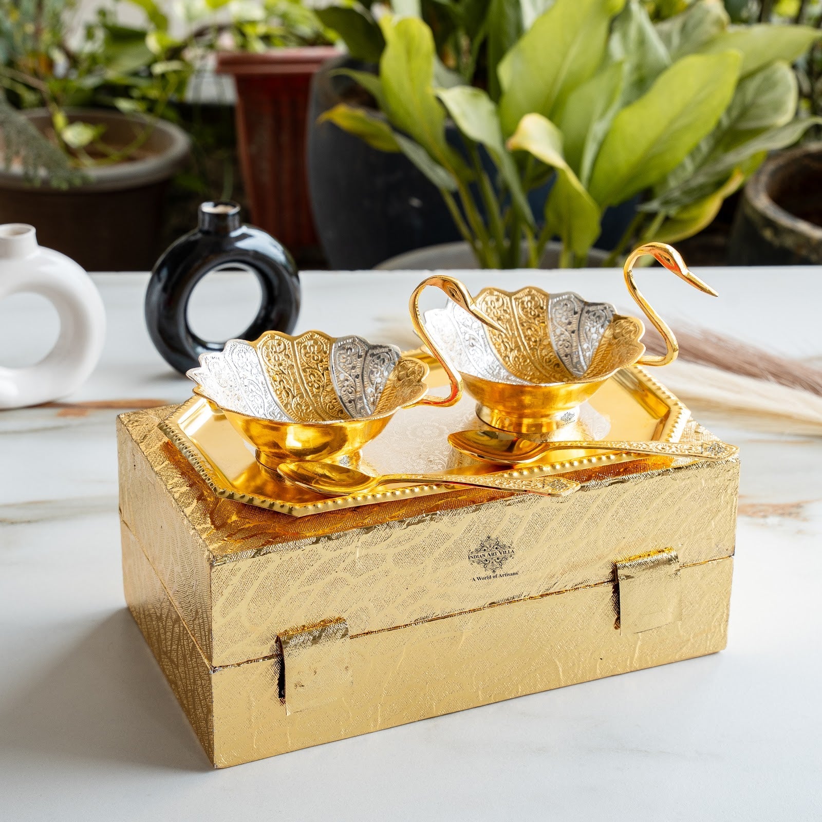 Silver Plated Duck Design Gift Set 2 Bowl, 2 Spoon & 1 Tray, 5 Pieces