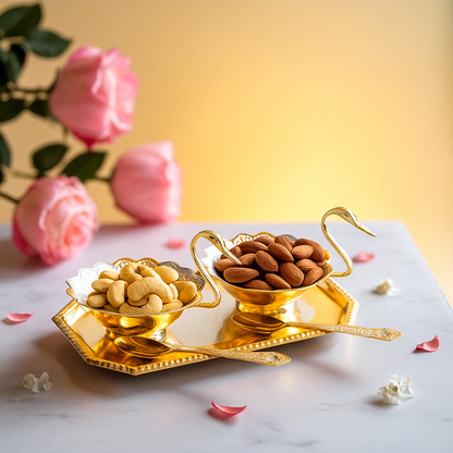 Silver Plated Duck Design Gift Set 2 Bowl, 2 Spoon & 1 Tray, 5 Pieces