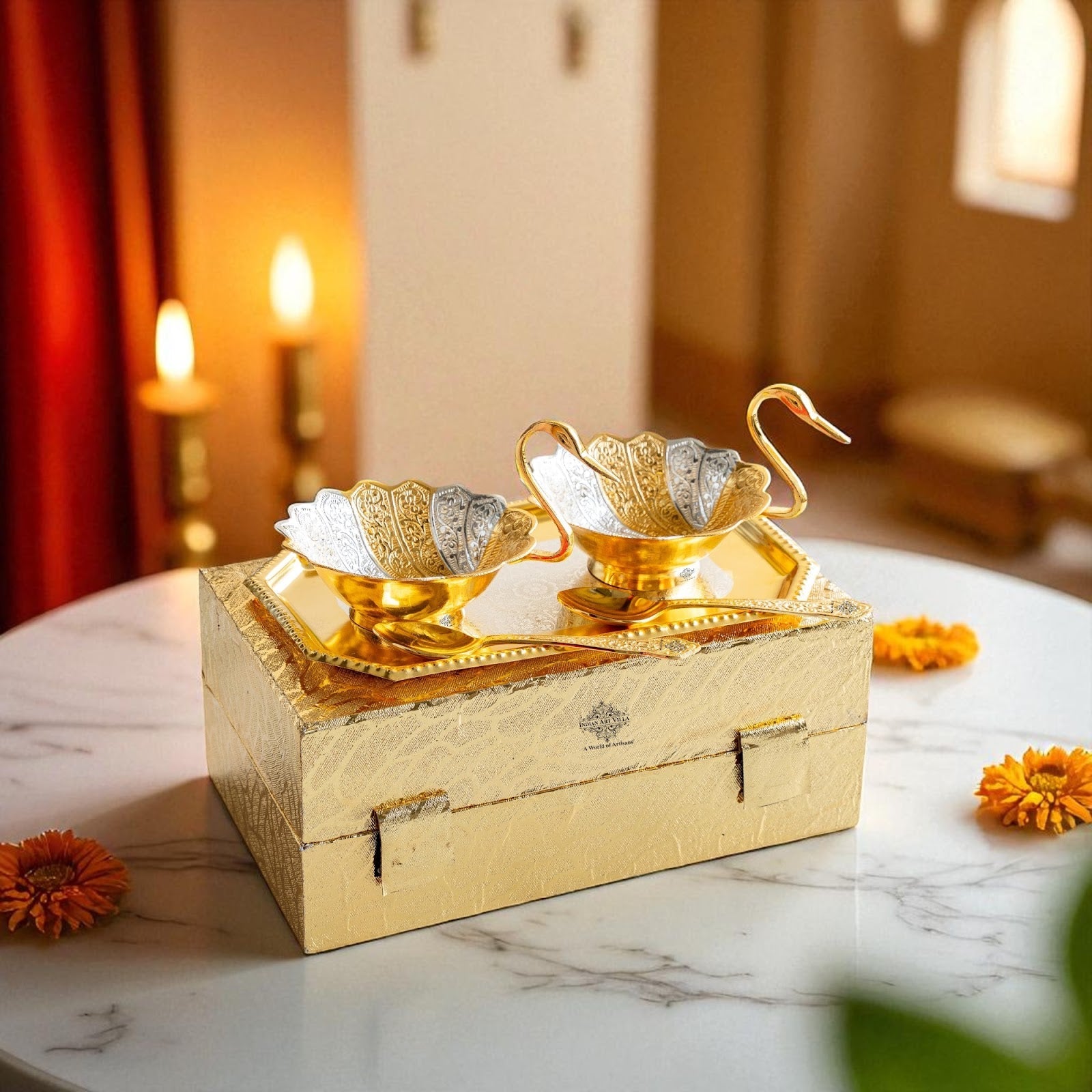 Silver Plated Duck Design Gift Set 2 Bowl, 2 Spoon & 1 Tray, 5 Pieces