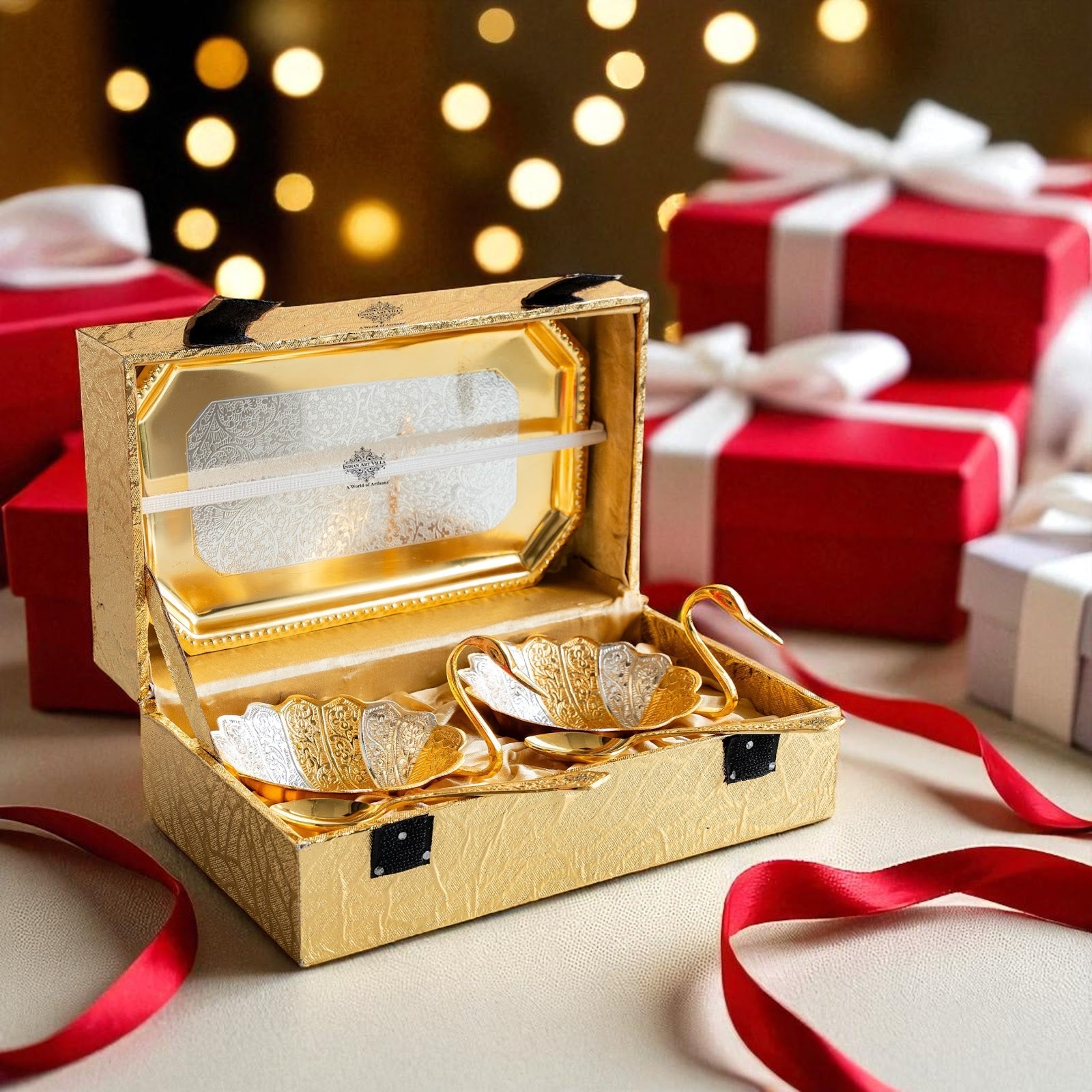 Silver Plated Duck Design Gift Set 2 Bowl, 2 Spoon & 1 Tray, 5 Pieces