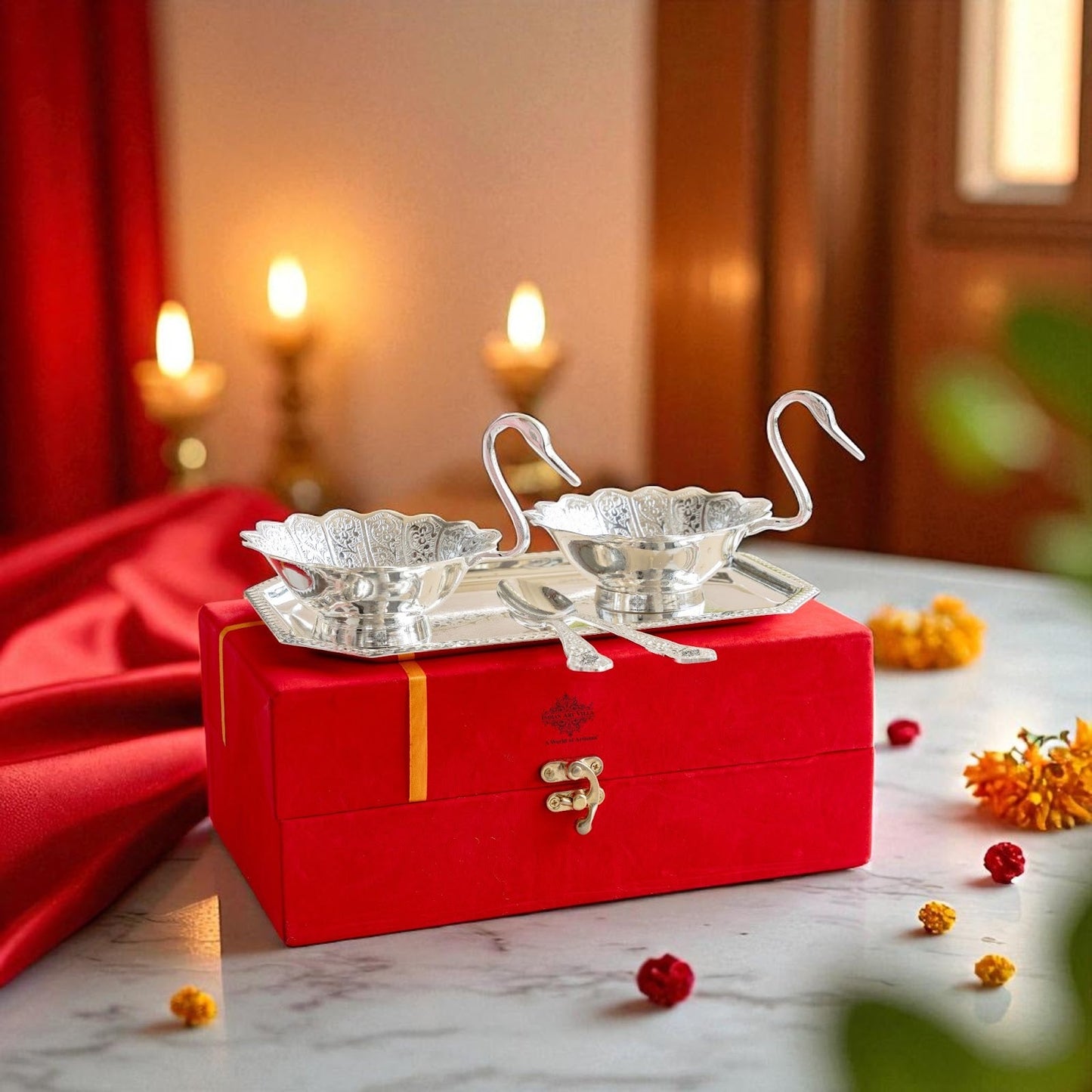 Silver Plated Duck Design Gift Set 2 Bowl, 2 Spoon & 1 Tray, 5 Pieces